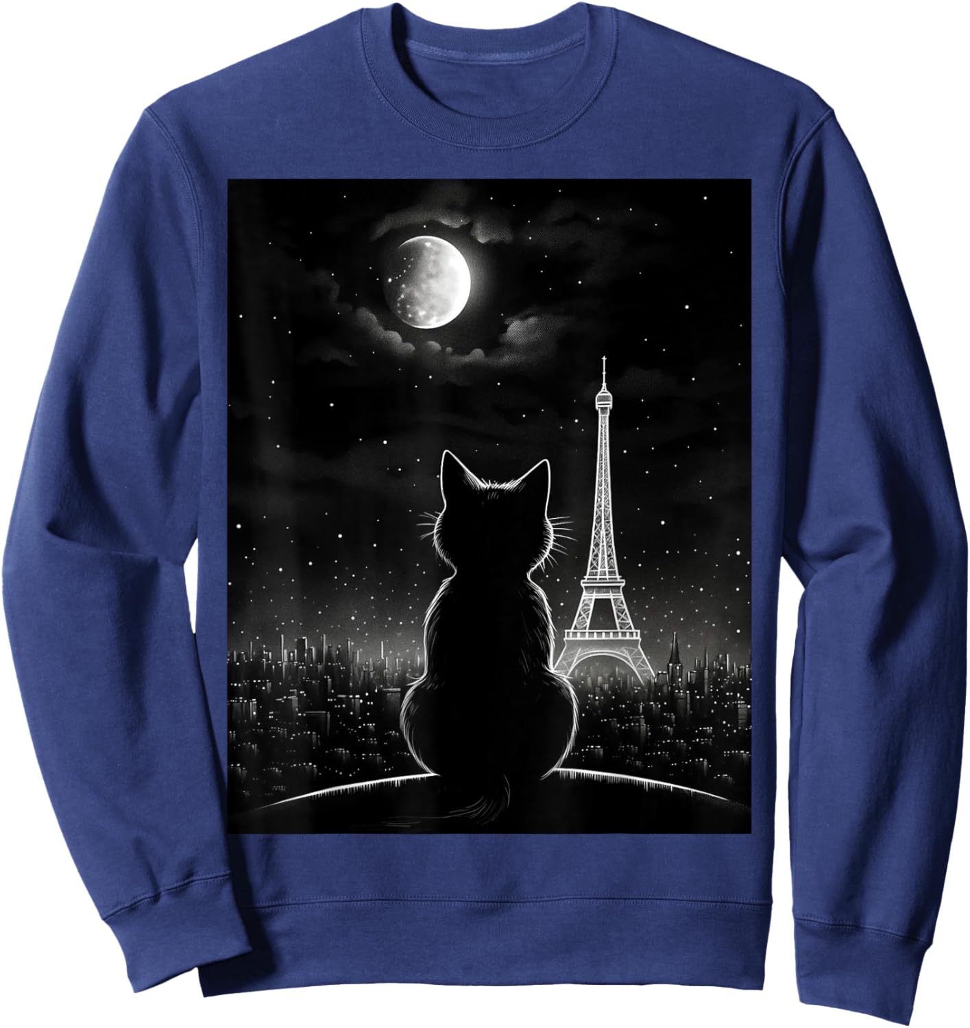 Aesthetic Black Cat Star Night Eiffel Tower In Paris Sweatshirt - Sweatshirt | Navy