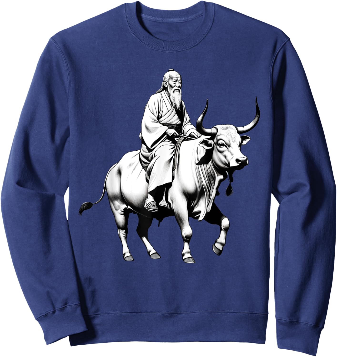 Vintage Spiritual Design Lao Tzu Riding An Ox, Tao Te Ching -Adults, -Kids Grey Short Sleeve Classic Fit Polyester Sweatshirt - Sweatshirt | Navy