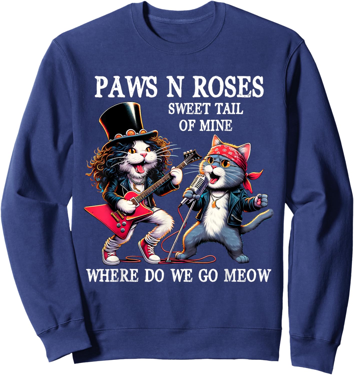 Graphic Funny Cat Animal Vintage Rock Cat Play Guitar Music Sweatshirt - Sweatshirt | Navy
