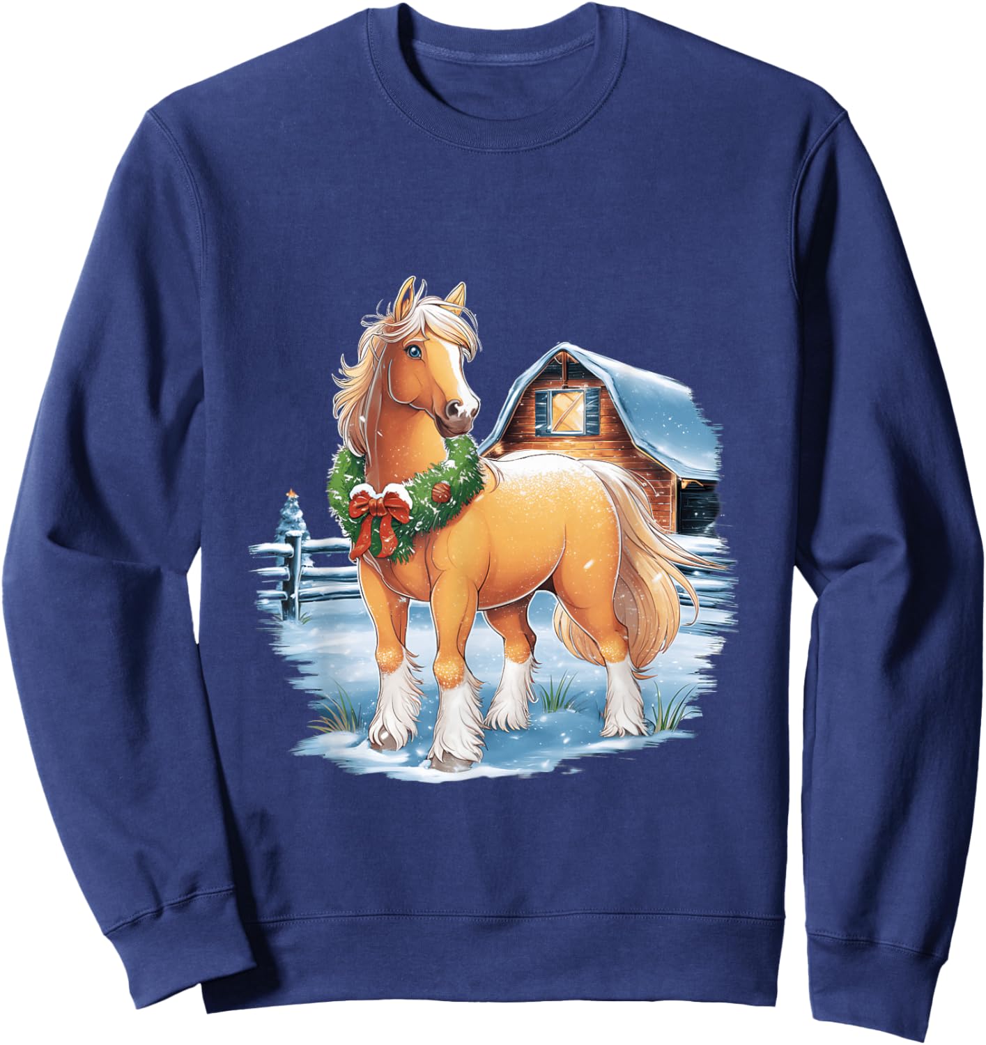 Festive Horse with Wreath in Snowy Barnyard Scene Sweatshirt - Sweatshirt | Navy