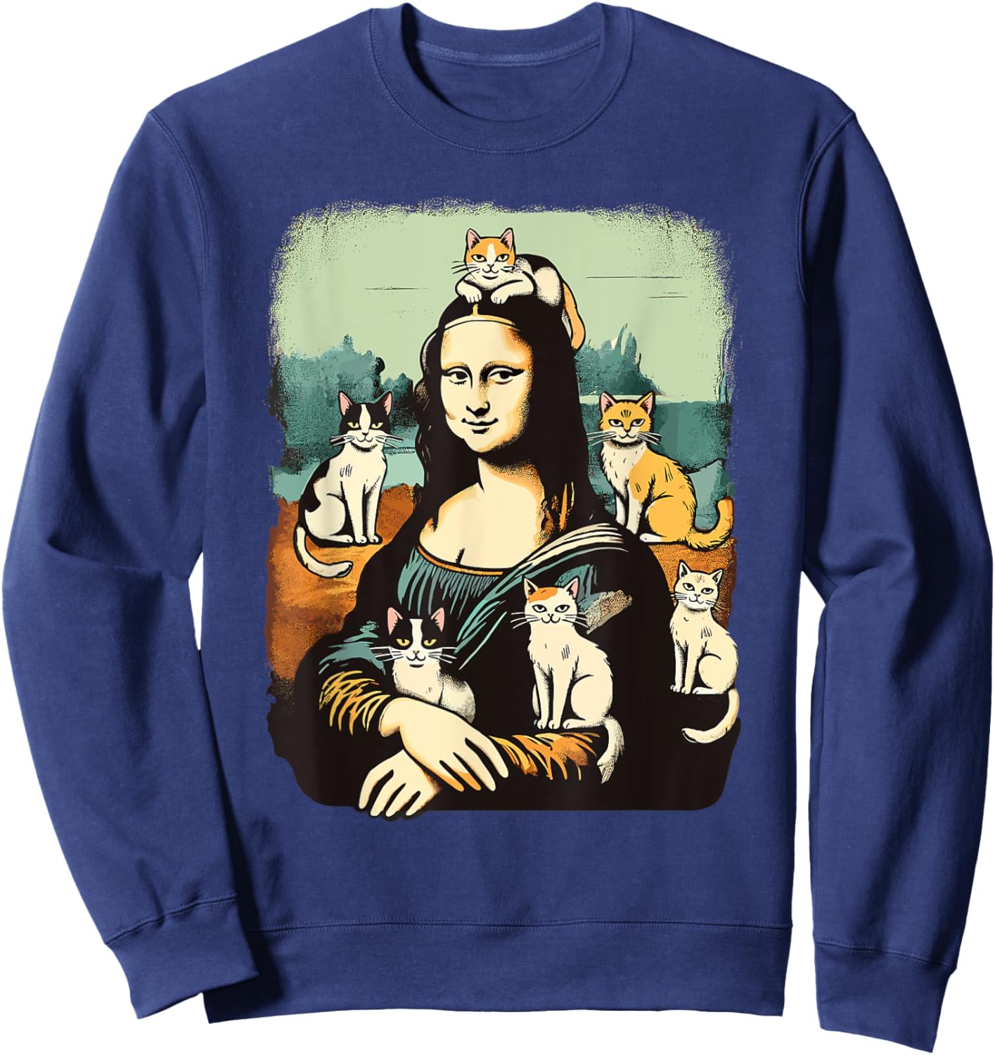 Retro Mona Lisa with Cats Novelty Men Women Kids Funny Cat Sweatshirt - Sweatshirt | Navy