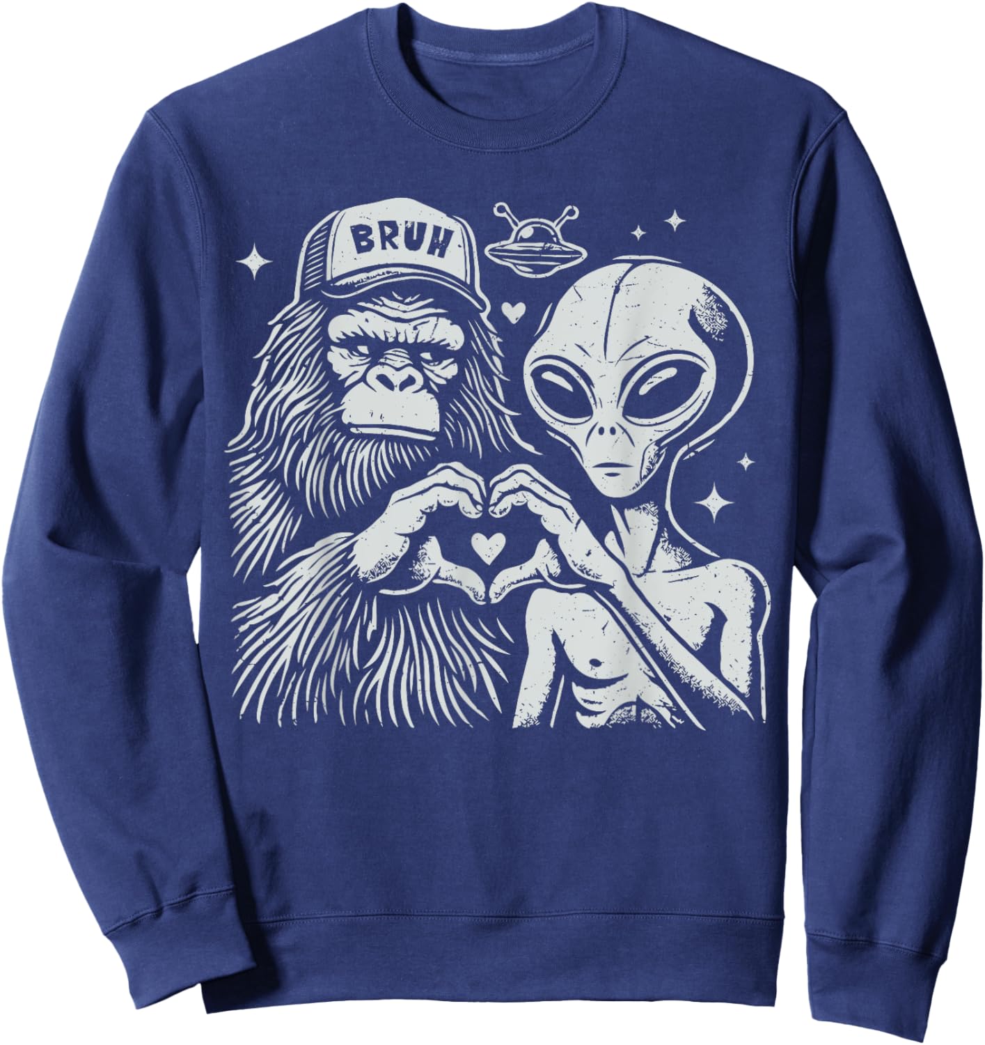 Vintage Funny Bigfoot and Alien Heart Hand Sign Sweatshirt - Sweatshirt | Navy