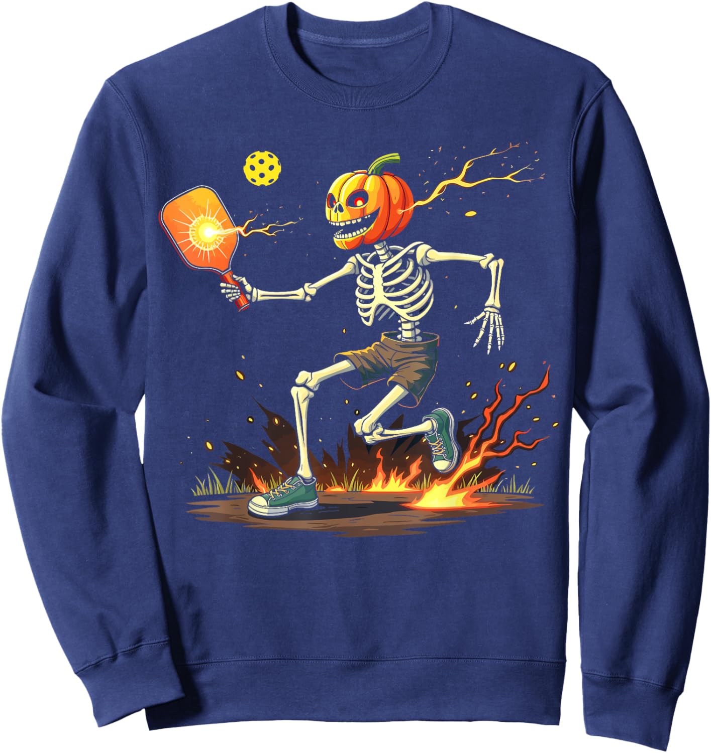 Pumpkin Head Skeleton Pickleball Halloween Spooky Sports Sweatshirt - Sweatshirt | Navy