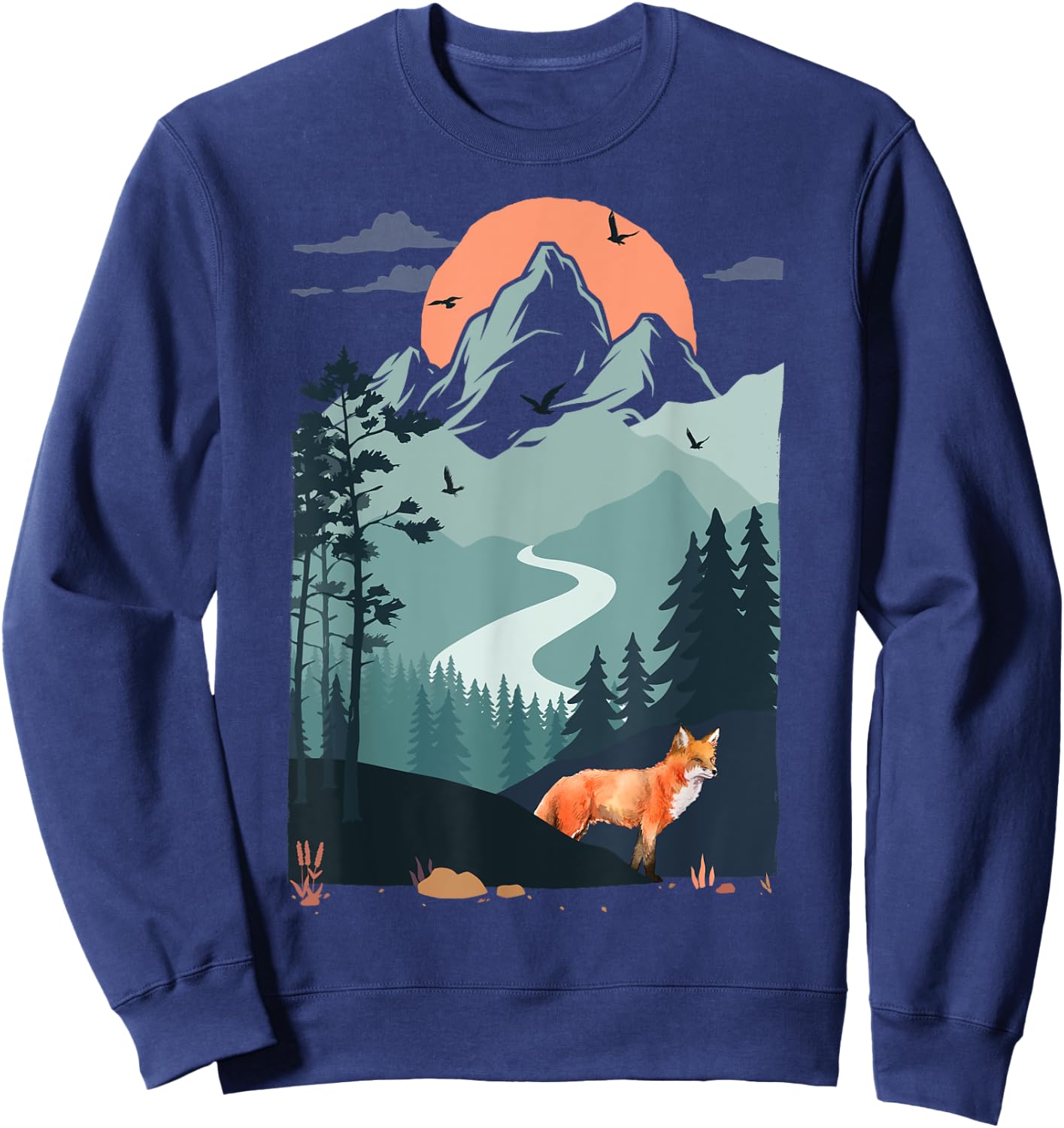 Mountain sunset Pine Tree Bird flying sky Red Standing Fox Sweatshirt - Sweatshirt | Navy