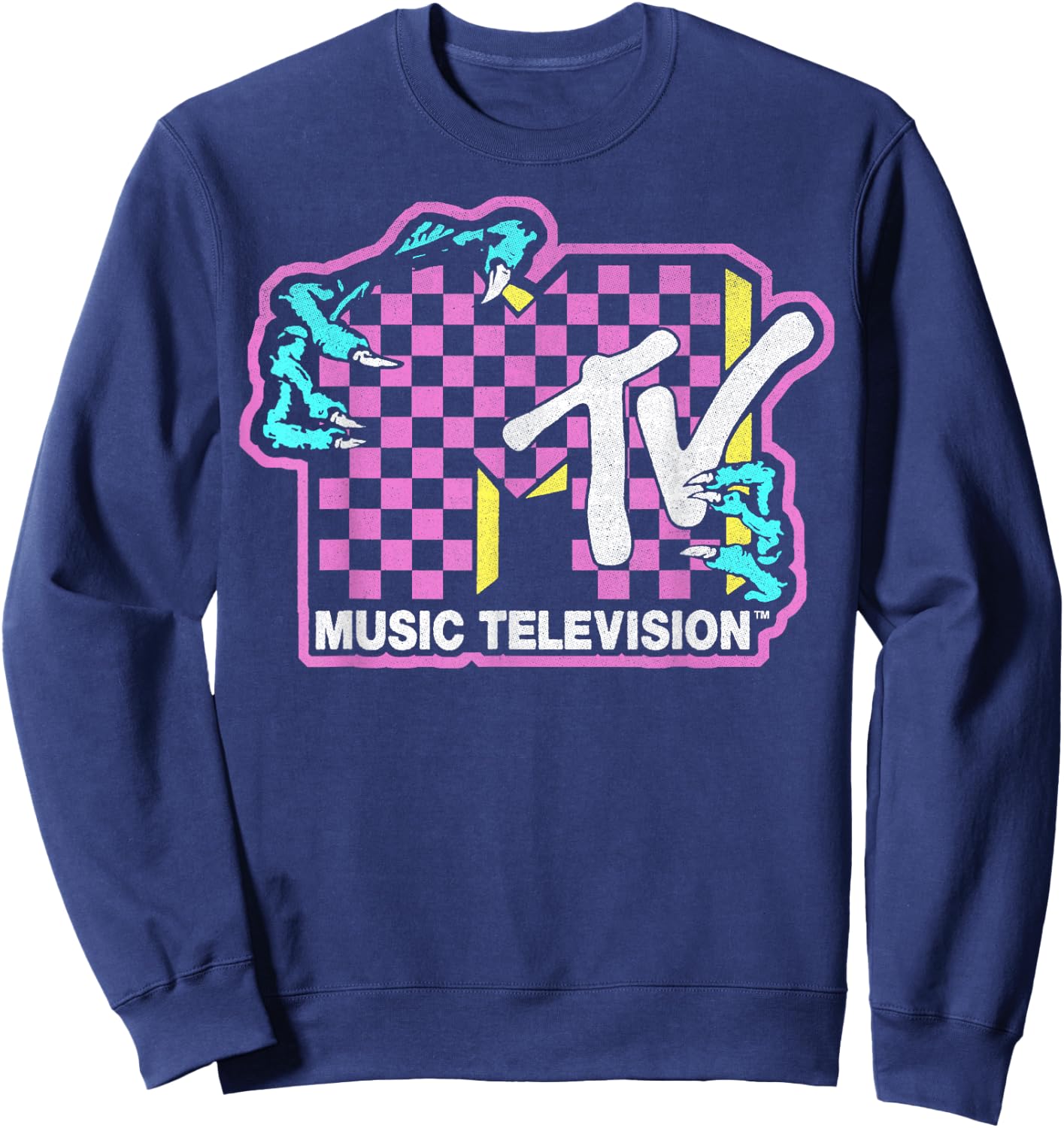 MTV Checkered Monster Hand Logo Graphic Sweatshirt - Sweatshirt | Navy