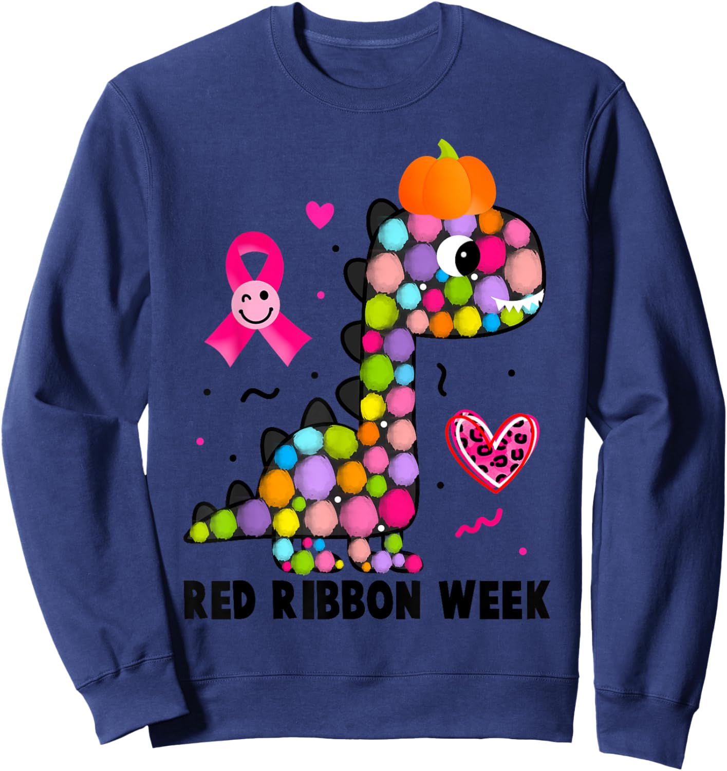 We Wear Red Ribbon Week Awareness Cute Dino Red Ribbon Week Sweatshirt - Sweatshirt | Navy