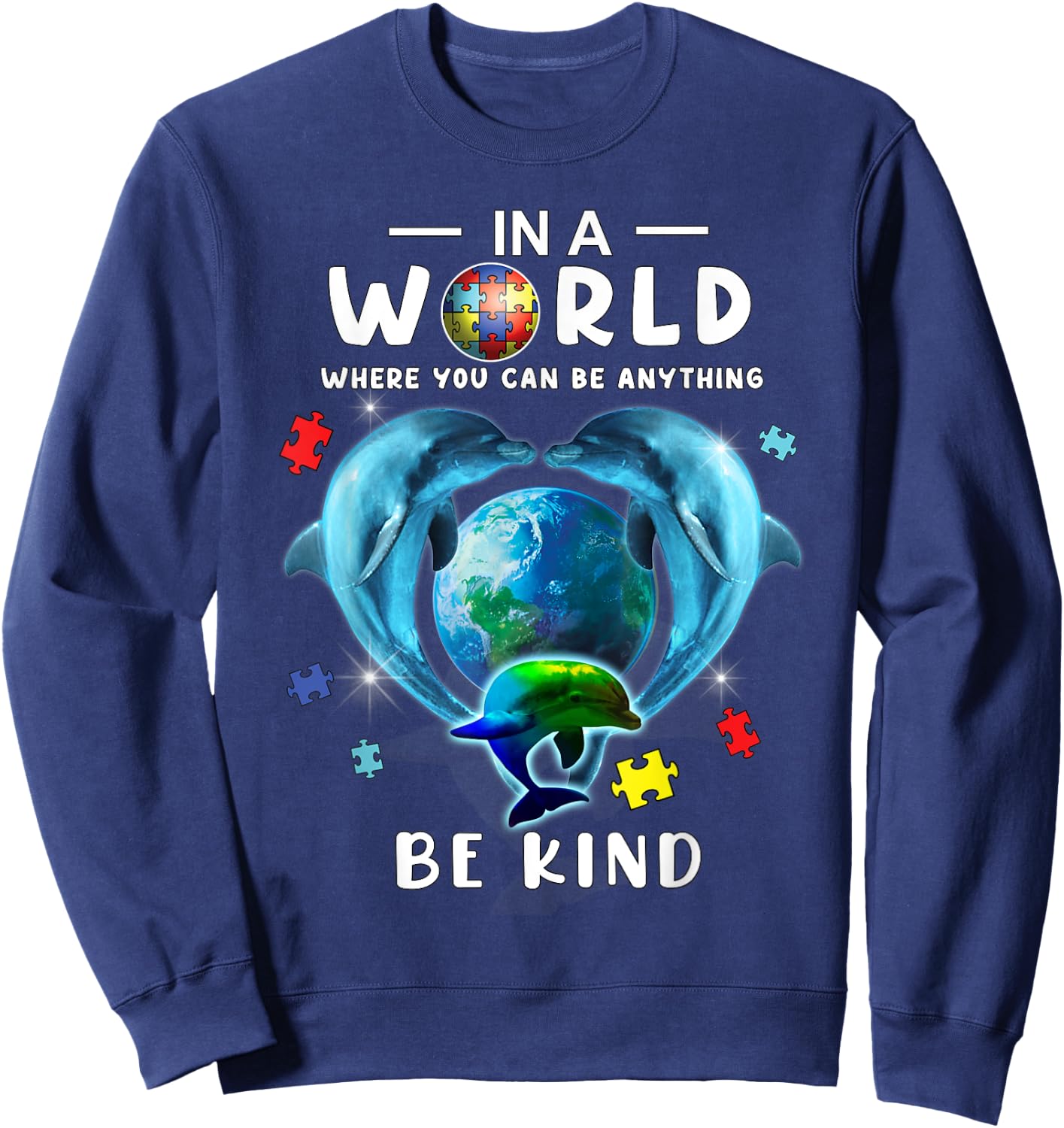 Be Kind Dolphin Autism Awareness Back To School Teacher Gift Men Women Kids Sweatshirt - Sweatshirt | Navy