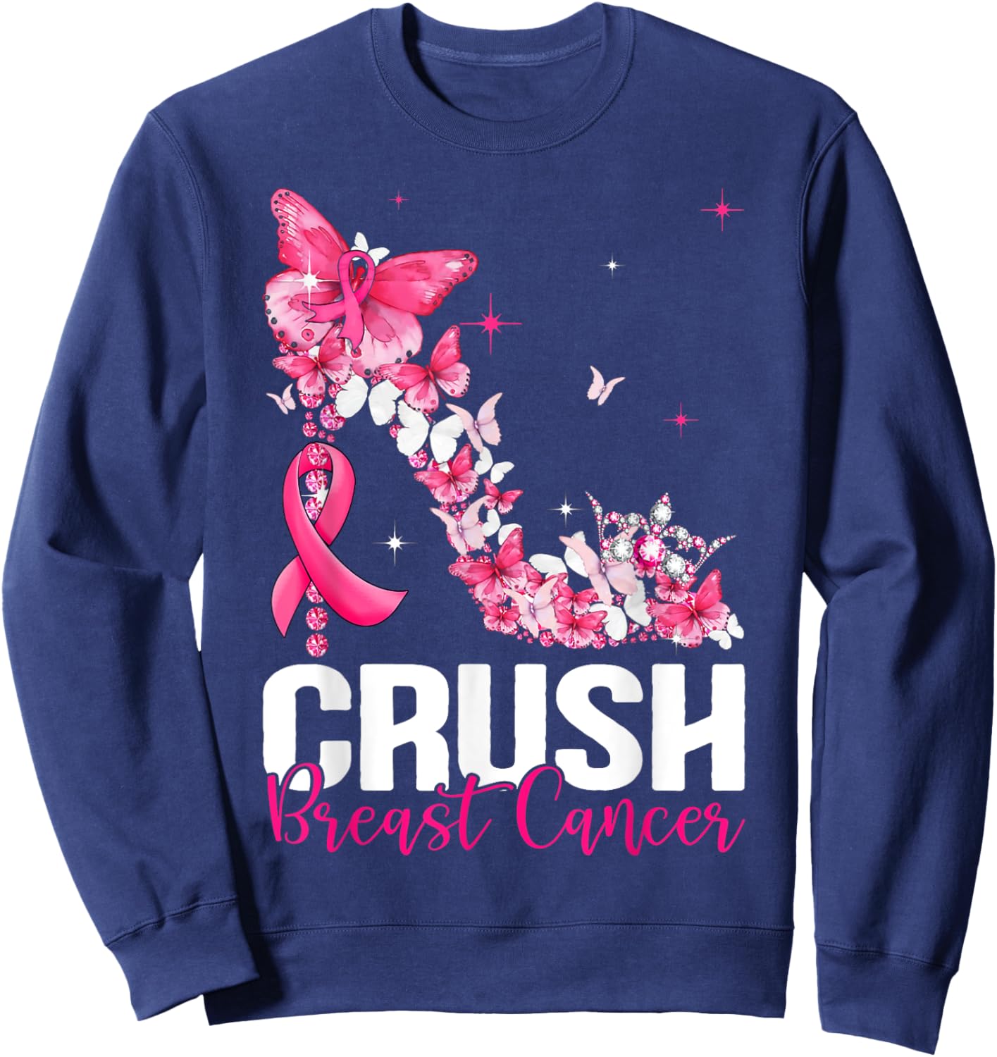 Crush Breast Cancer Awareness Bling Pink Ribbon Sweatshirt - Sweatshirt | Navy