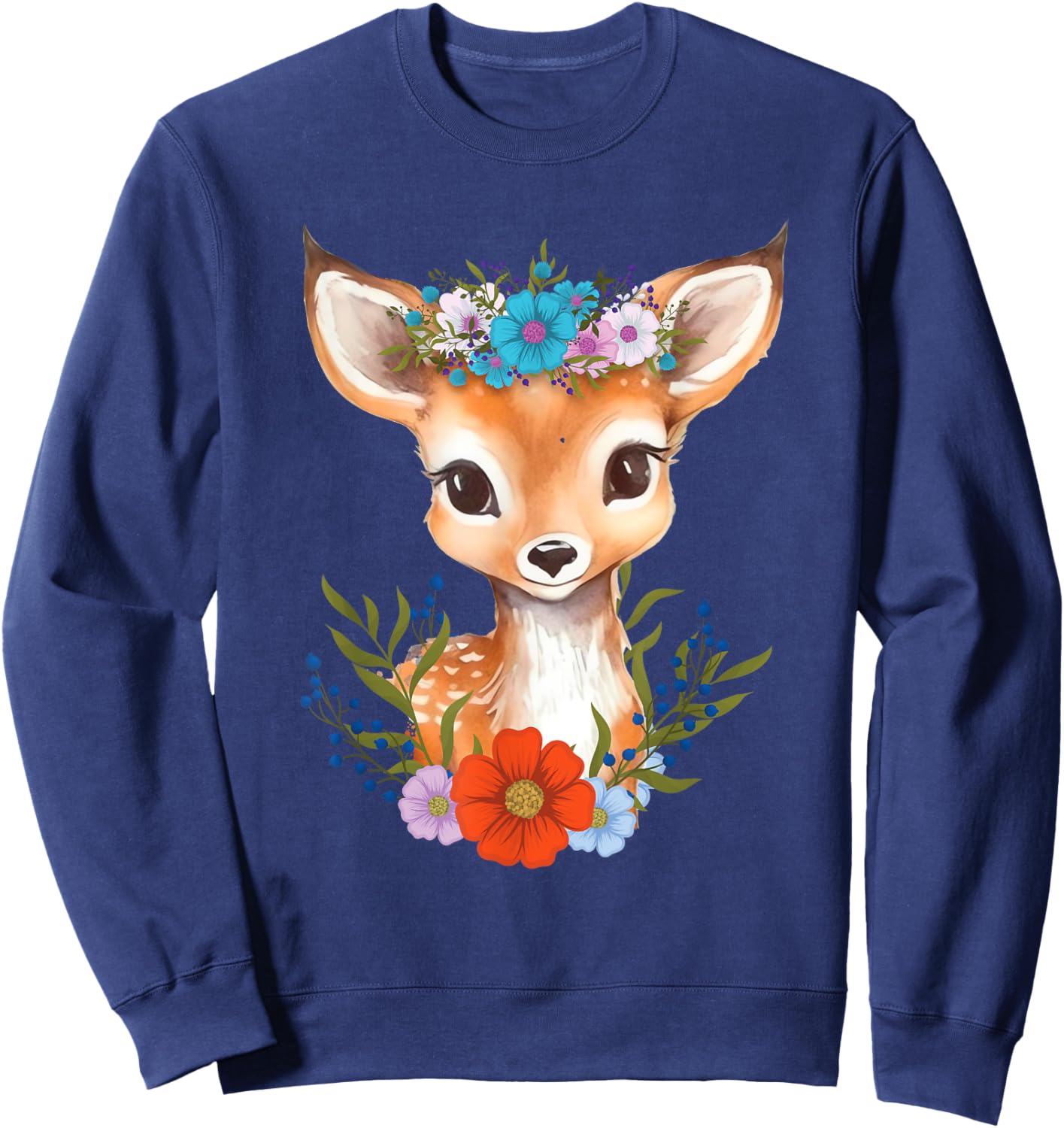Floral Crown Baby Deer - Hunting Wildlife Forest Animal Sweatshirt - Sweatshirt | Navy