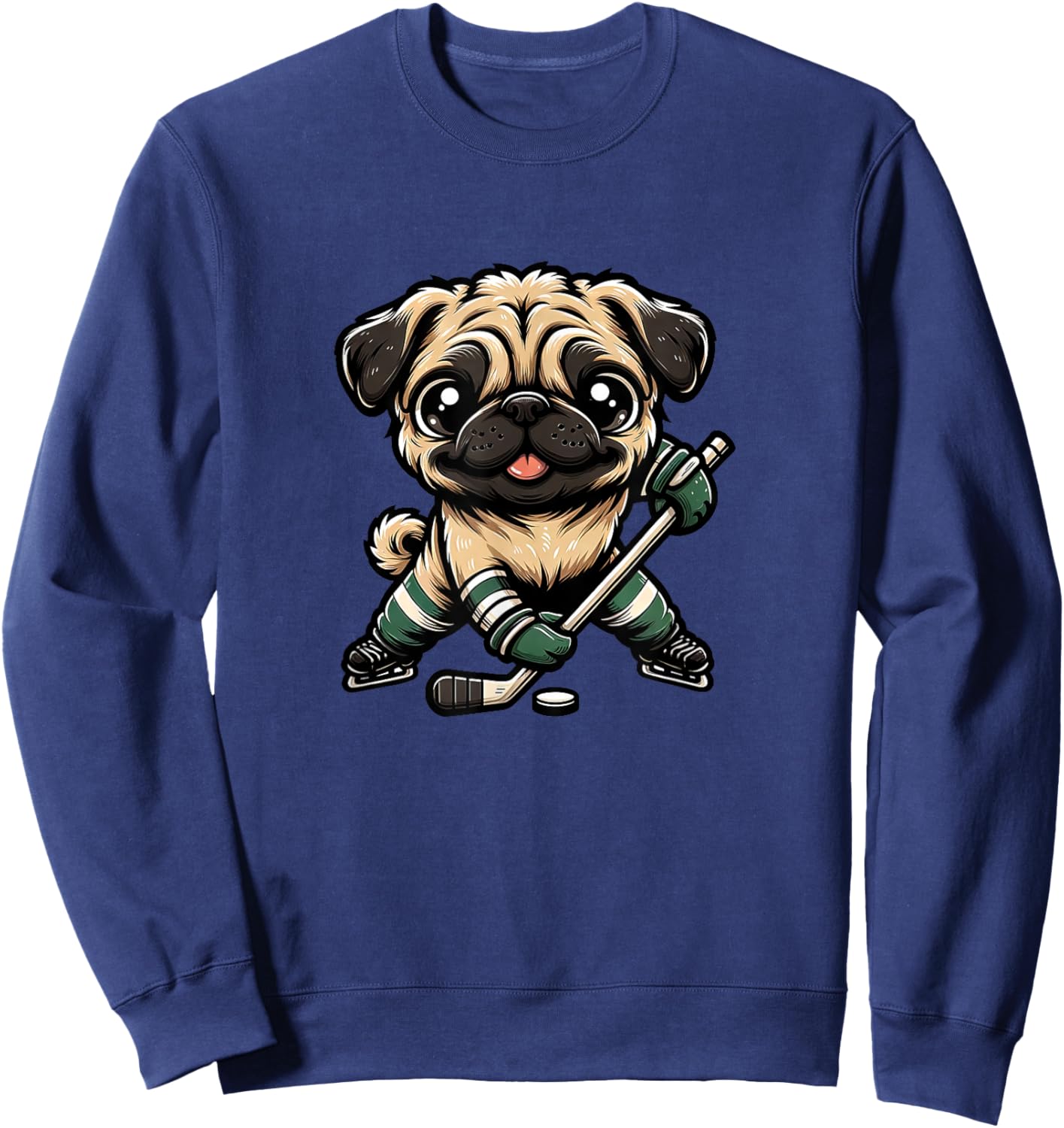 Cute Pug Playing Ice Hockey Dog Design Sweatshirt - Sweatshirt | Navy