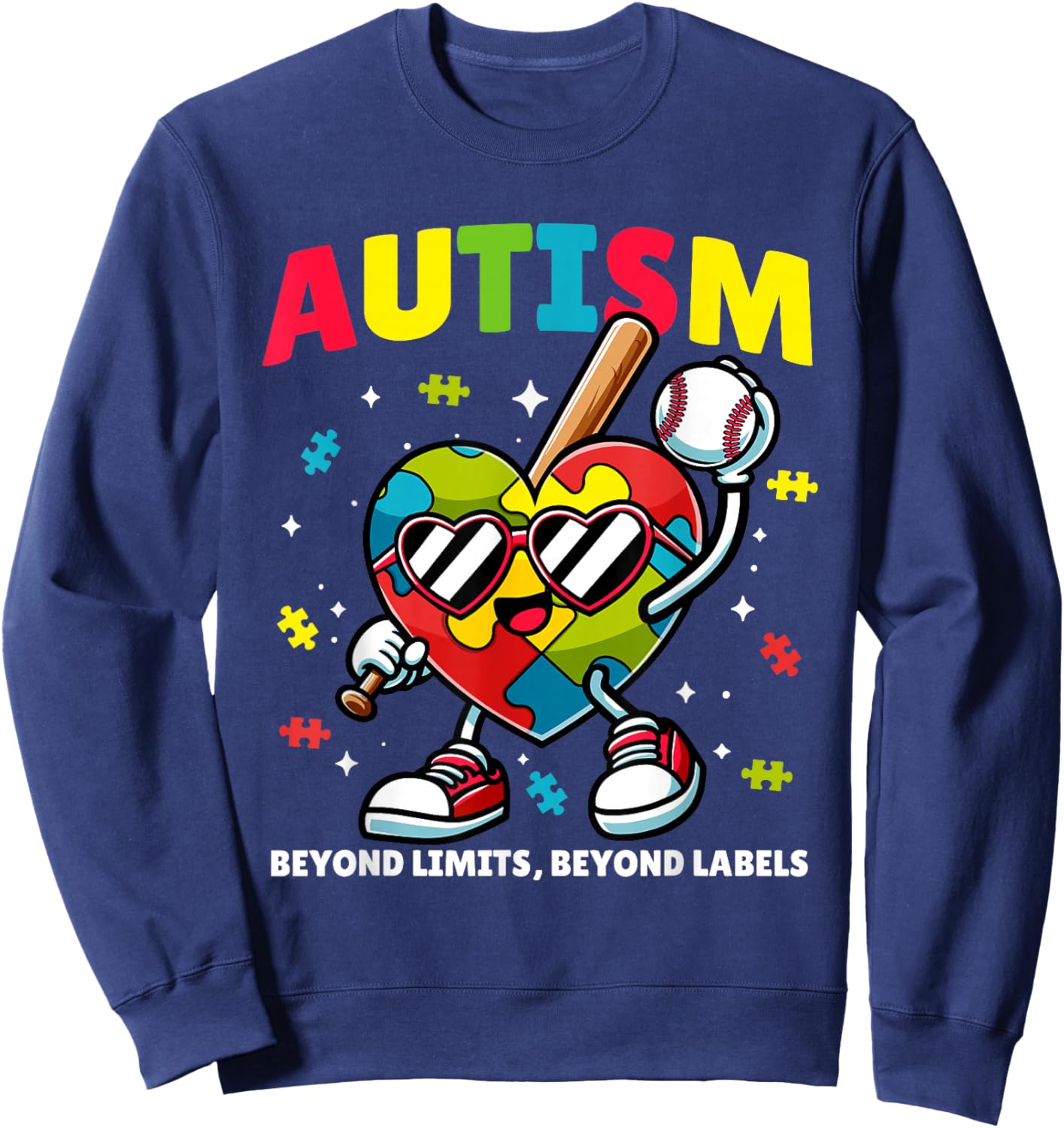 Autism Baseball Heart | Puzzle Awareness Design for Kids Sweatshirt - Sweatshirt | Navy