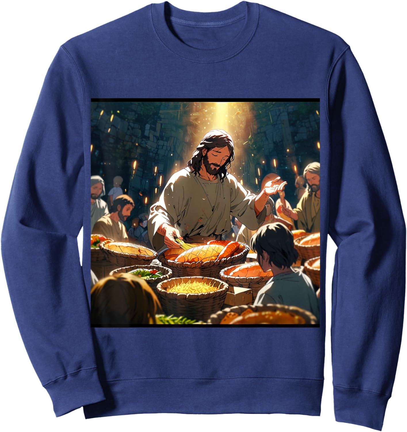 Jesus Anime Miracle Fishes and Loaves Matthew 14 Feed 5000 Sweatshirt - Sweatshirt | Navy