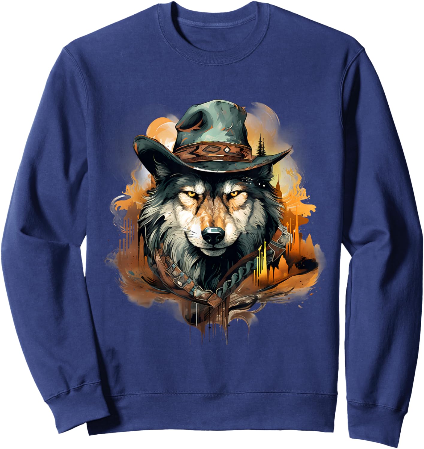 Wolf Animal Art Cowboy Colourful Artwork Animal Lovers Sweatshirt - Sweatshirt | Navy