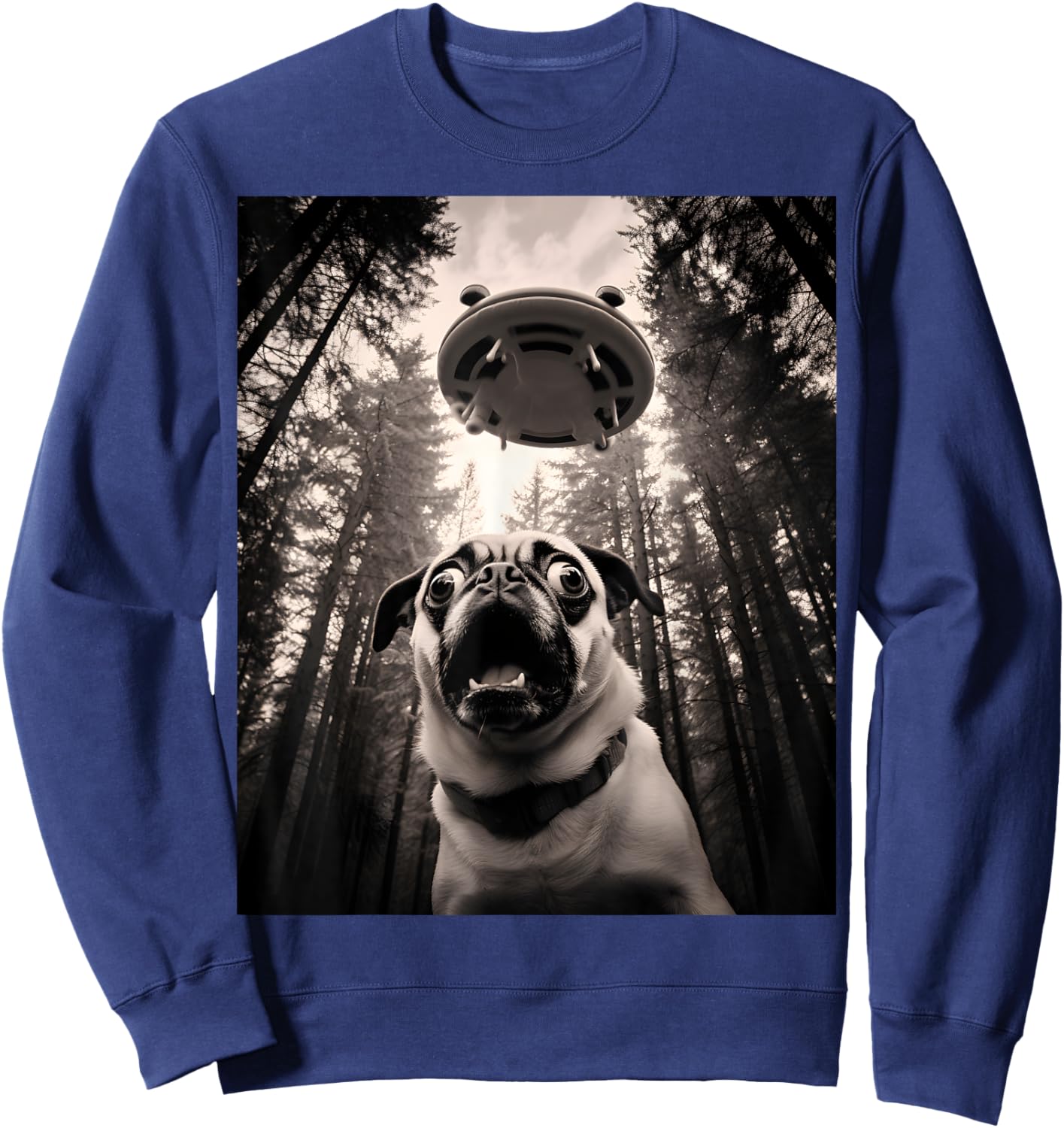 Cool Pug Selfie with UFOs Funny Pug Costume Alien Spaceship Sweatshirt - Sweatshirt | Navy