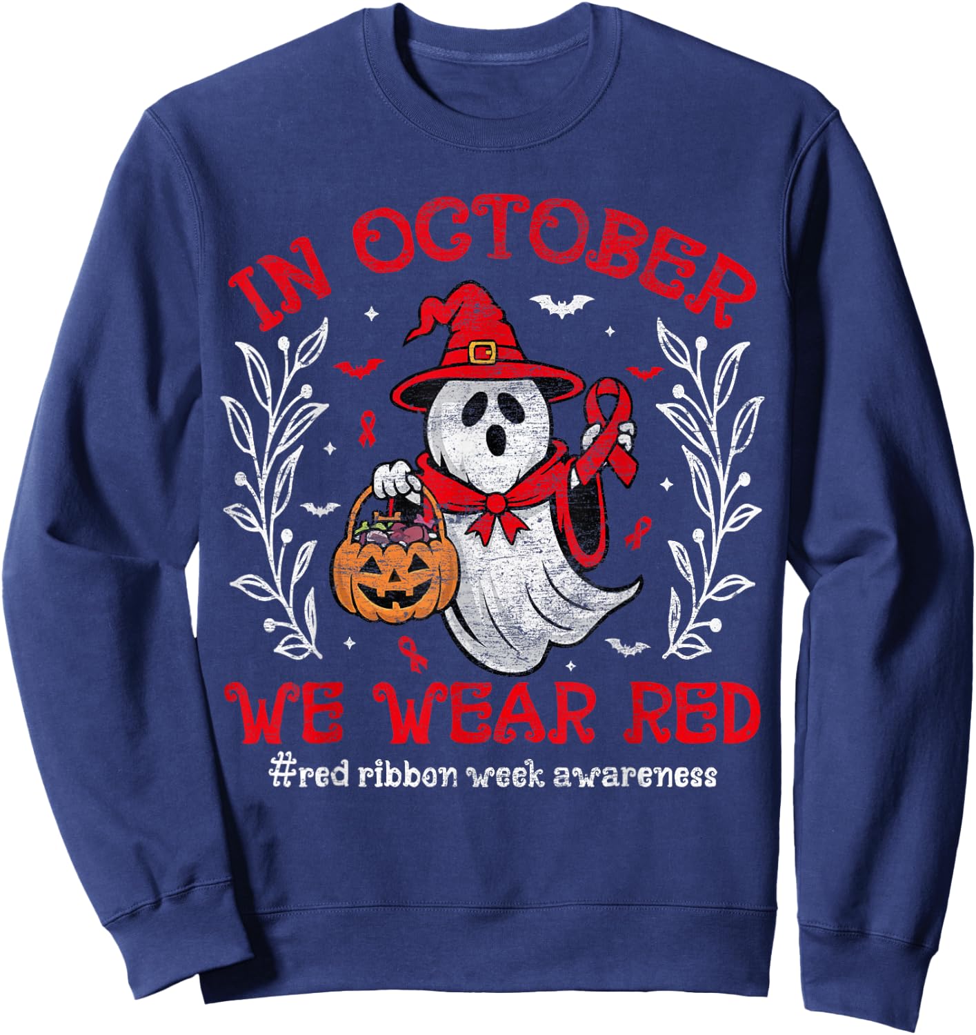 In October We Wear Red For Red Ribbon Week Awareness Ghost Sweatshirt - Sweatshirt | Navy