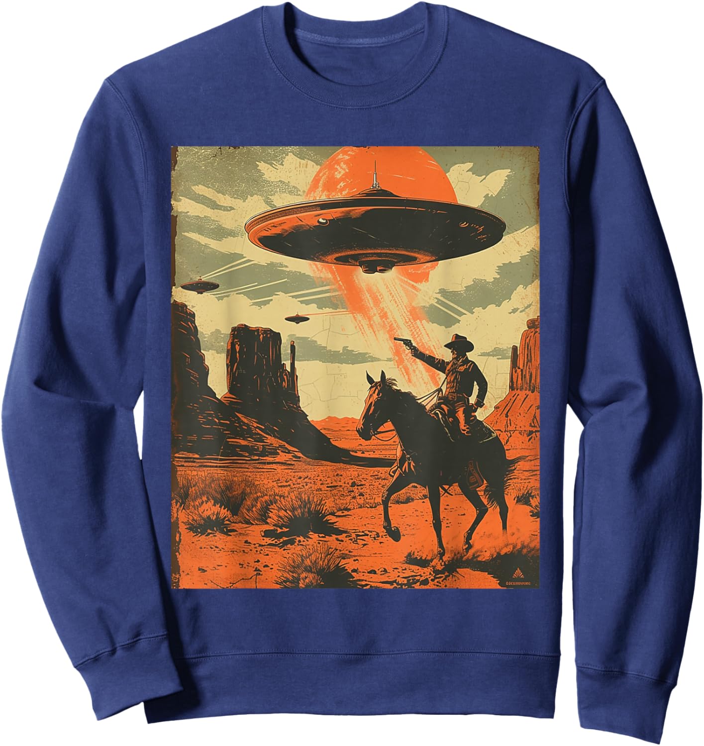 Retro Desert Cowboy Riding Horse Shooting At Space UFO Art Sweatshirt - Sweatshirt | Navy