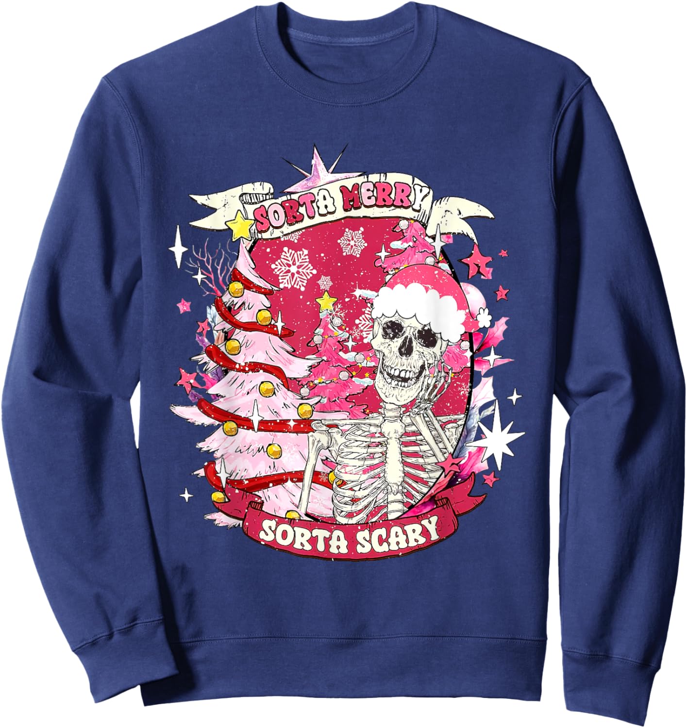 Christmas Sorta Merry Sorta Scary Skeleton Pink Xmas Tree Sweatshirt - Sweatshirt | Navy
