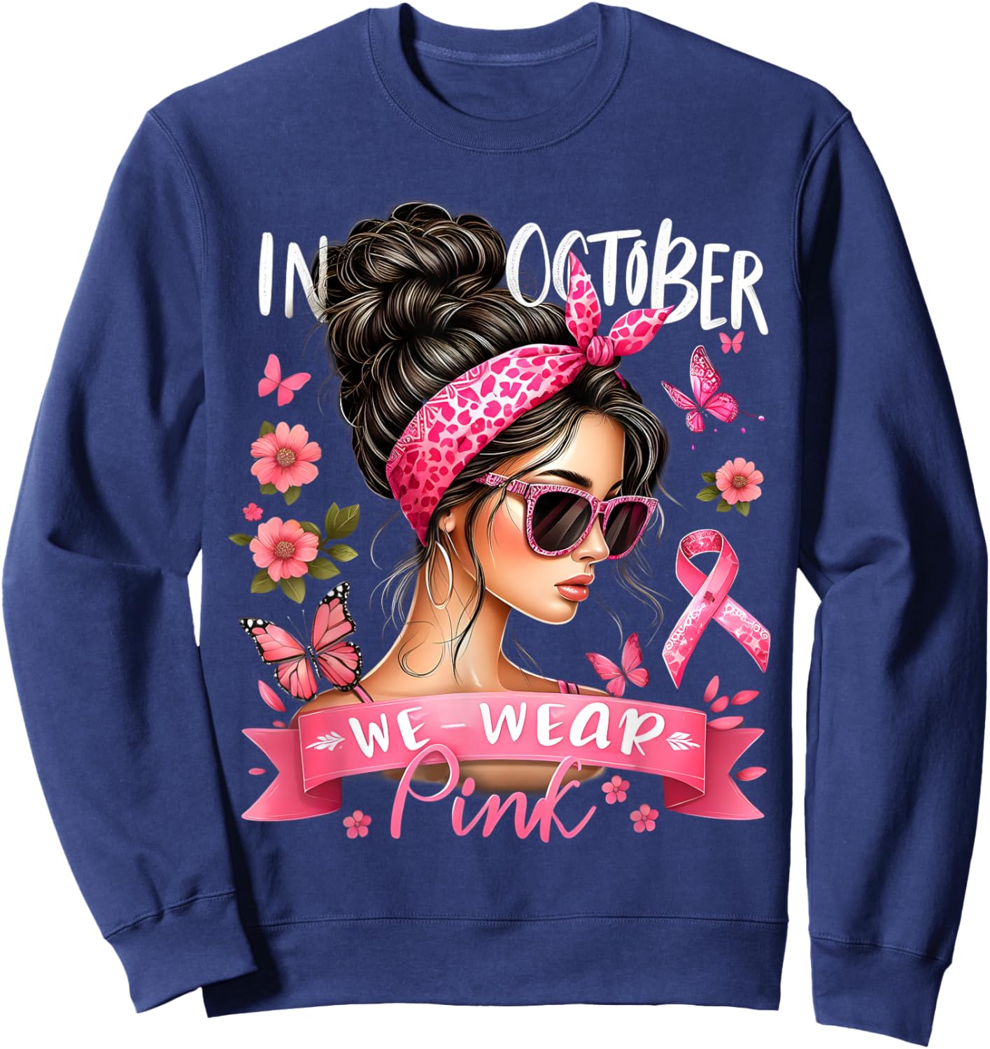 In October We Wear Pink Breast Cancer Awareness Messy Bun Sweatshirt - Sweatshirt | Navy
