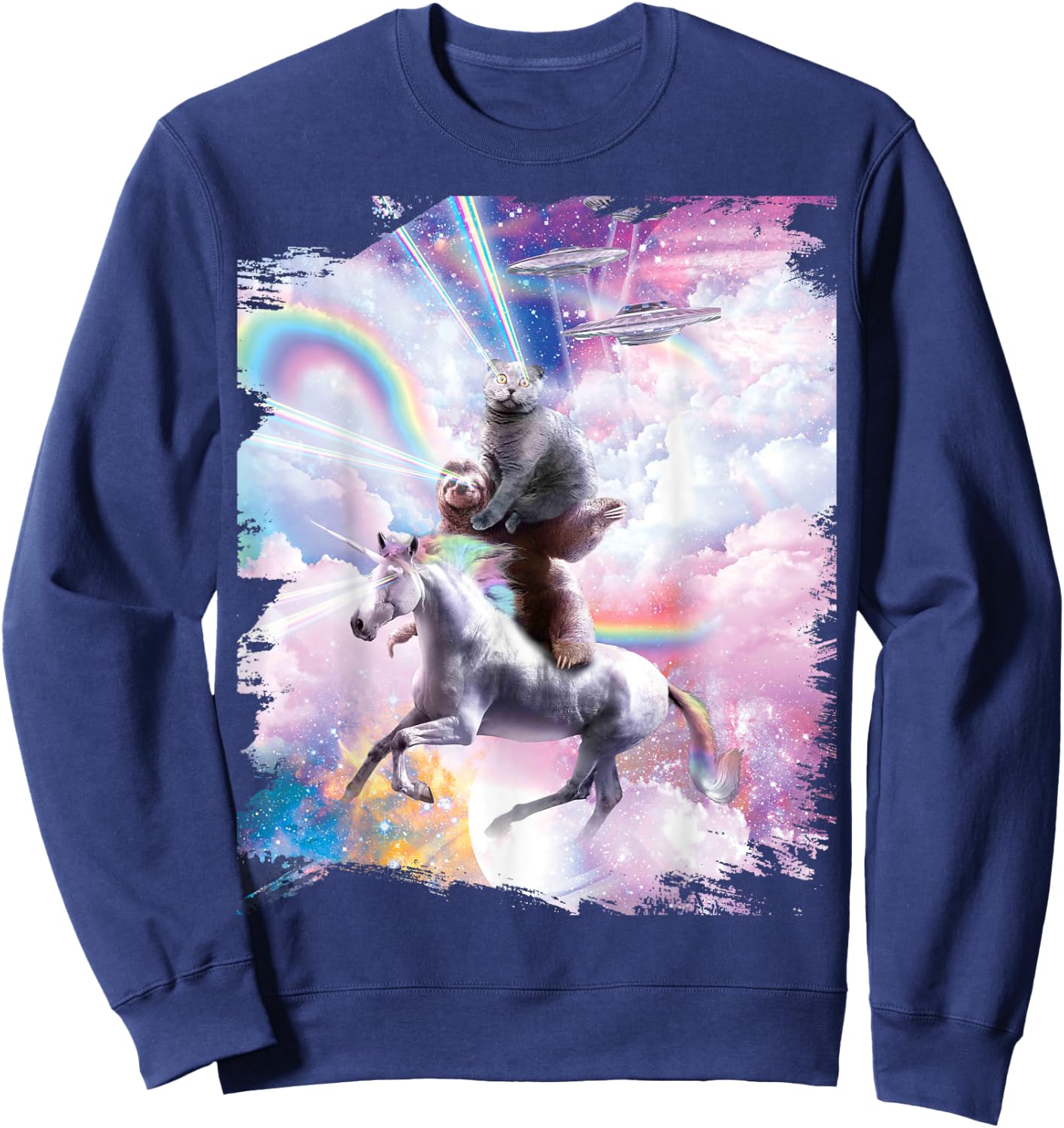 Laser Eyes Space Cat on Sloth Unicorn - Rainbow Sweatshirt - Sweatshirt | Navy