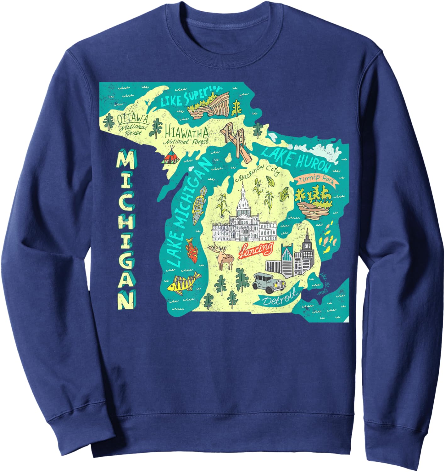 Great Lakes State Map Michigan Vacations Camping Hiking Sweatshirt - Sweatshirt | Navy