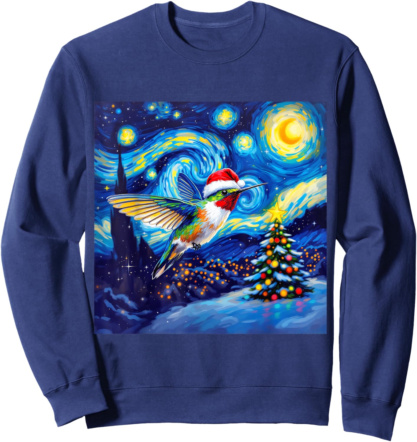 Christmas Hummingbird Santa Hat Van Gogh Starry Night Sweatshirt - Sweatshirt | Navy