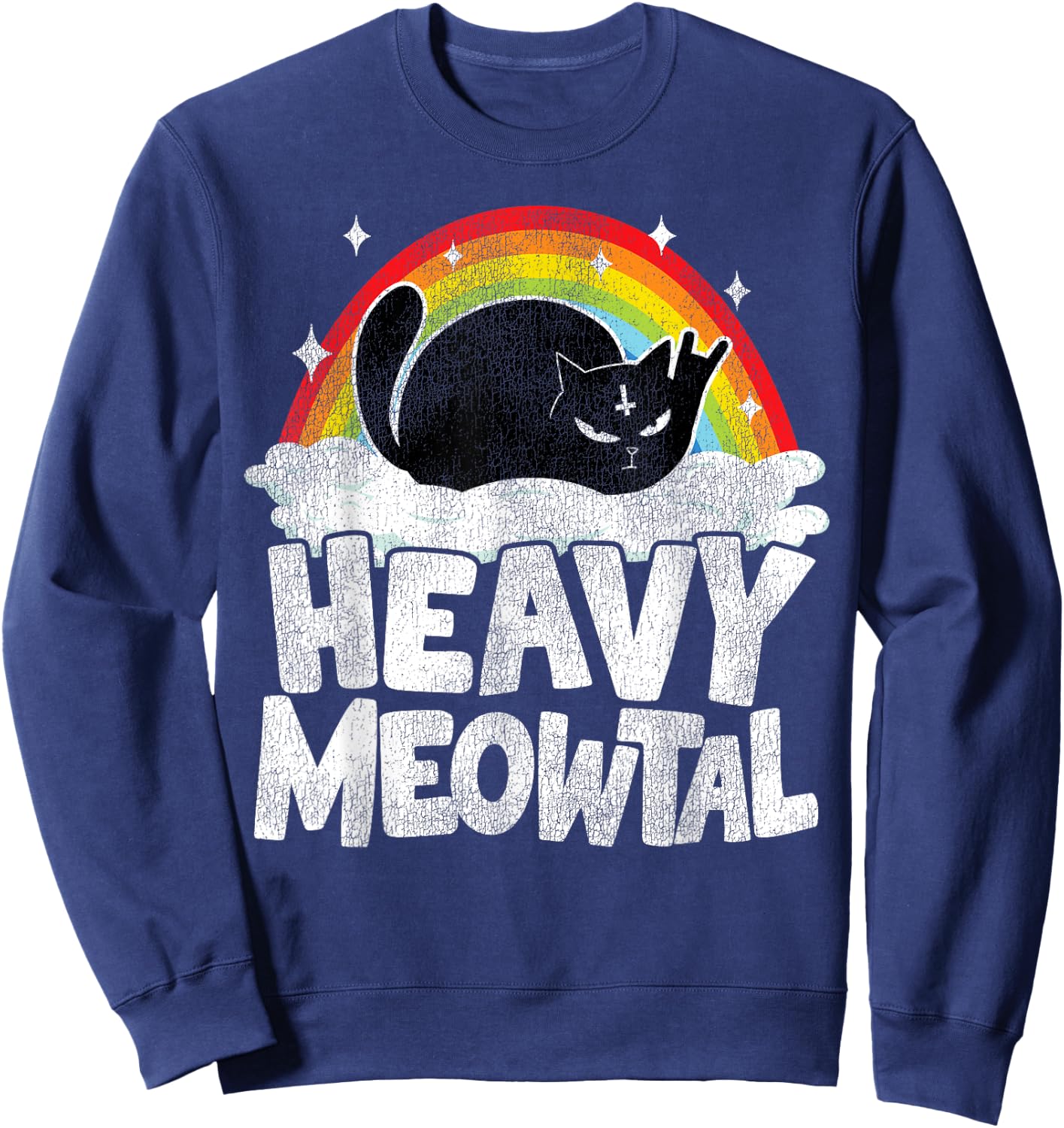 Heavy Meowtal Cat Retro Rainbow Satanic Funny Heavy Metal Sweatshirt - Sweatshirt | Navy