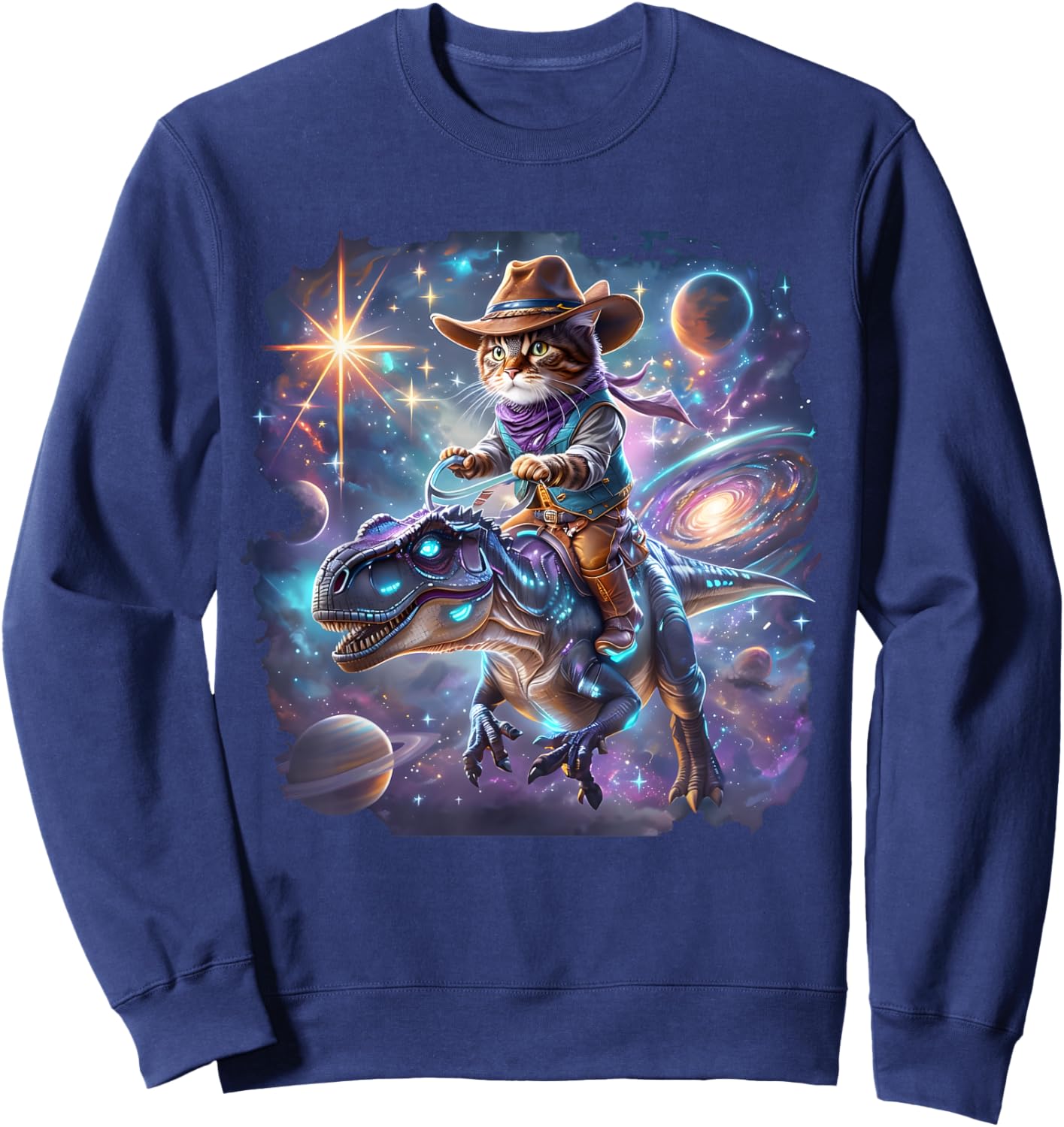 Cat Riding Dinosaur Funny Cat Cowboy Hat Rainbow Galaxy Sweatshirt - Sweatshirt | Navy