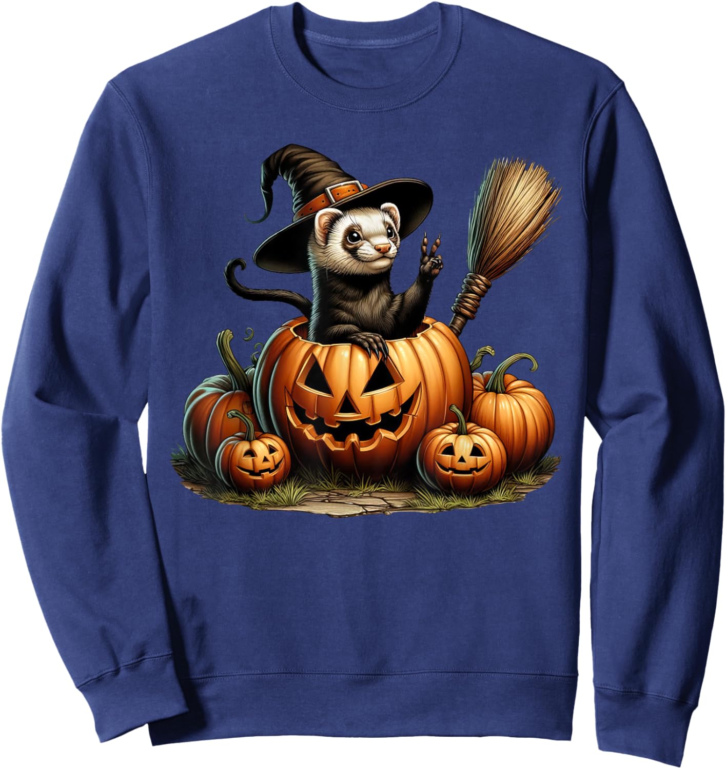 Funny Ferret Witch Pumpkin Halloween Kids Sweatshirt - Sweatshirt | Navy