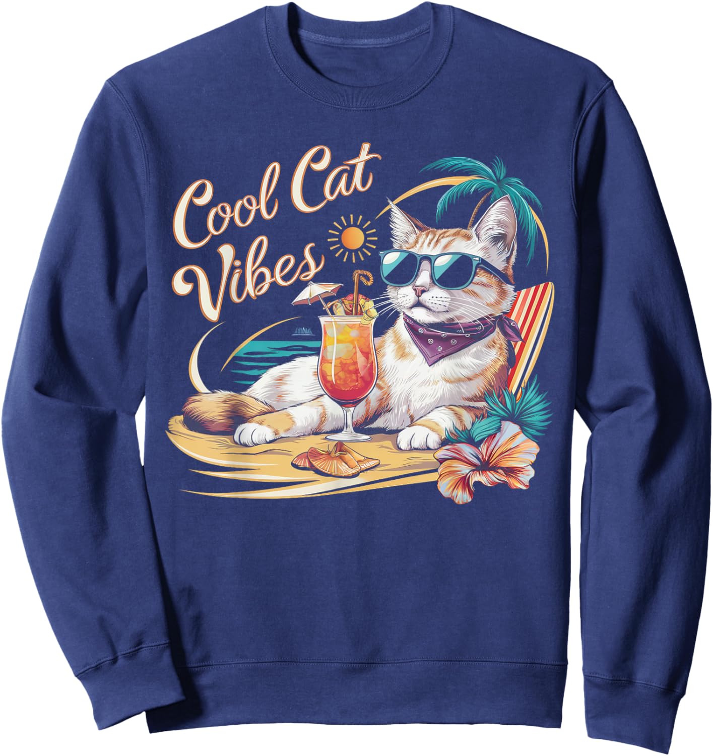 Cool Cat Vibes, A chic Fashionable Cat Tropical Beach Sweatshirt - Sweatshirt | Navy