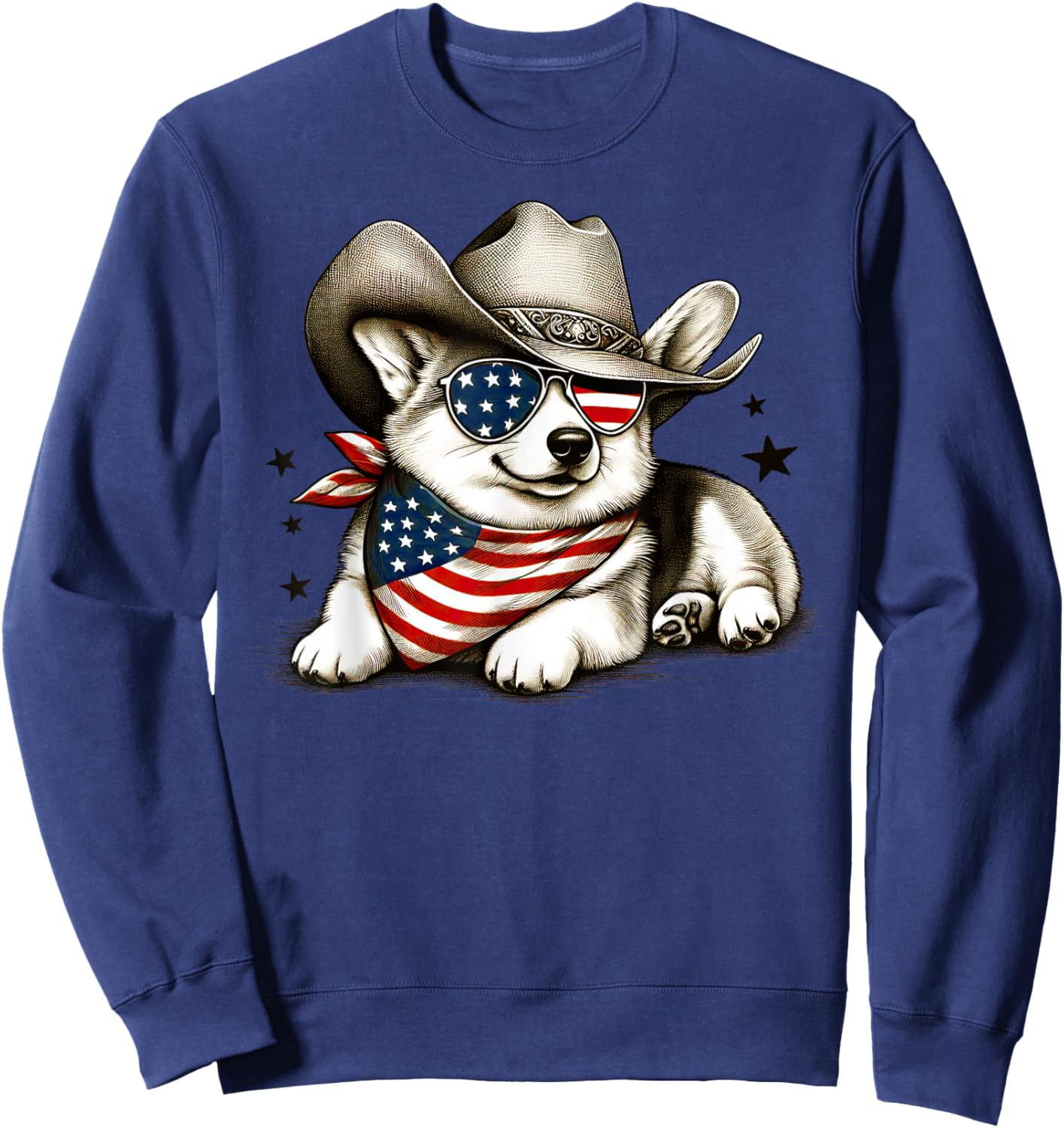 Corgi Cowboy Hat 4th of July American Flag USA Patriotic Dog Sweatshirt - Sweatshirt | Navy