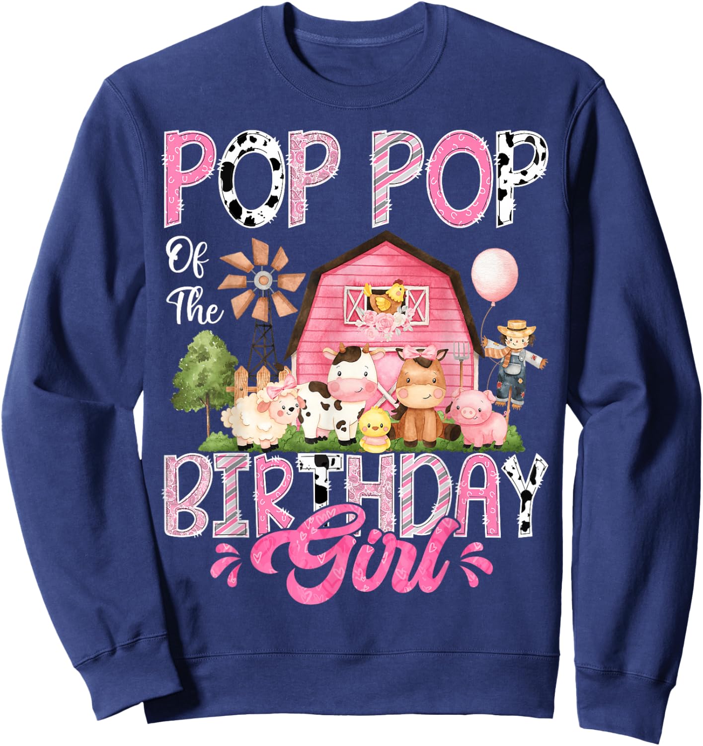 Pop Pop Of The Birthday Girl Pink Farm Cow First Birthday Sweatshirt - Sweatshirt | Navy
