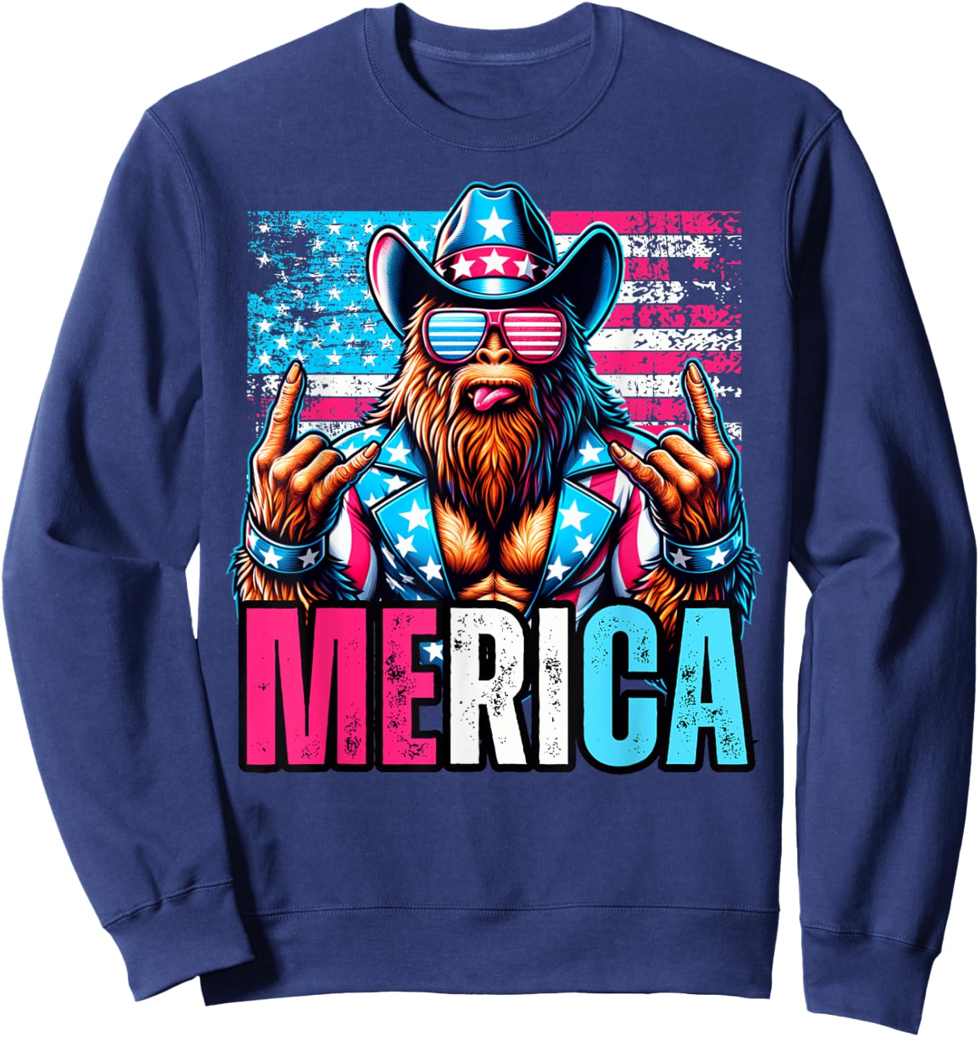Sasquatch Merica 4th Of July American Flag Cowboy Rocker Sweatshirt - Sweatshirt | Navy