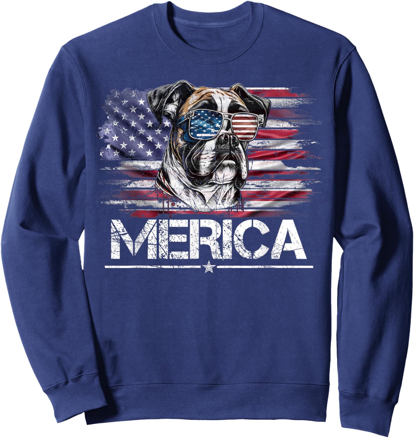 Vintage Boxer Dog, Merica Boxer Dog USA Flag Funny Women Kids Men Sweatshirt - Sweatshirt | Navy