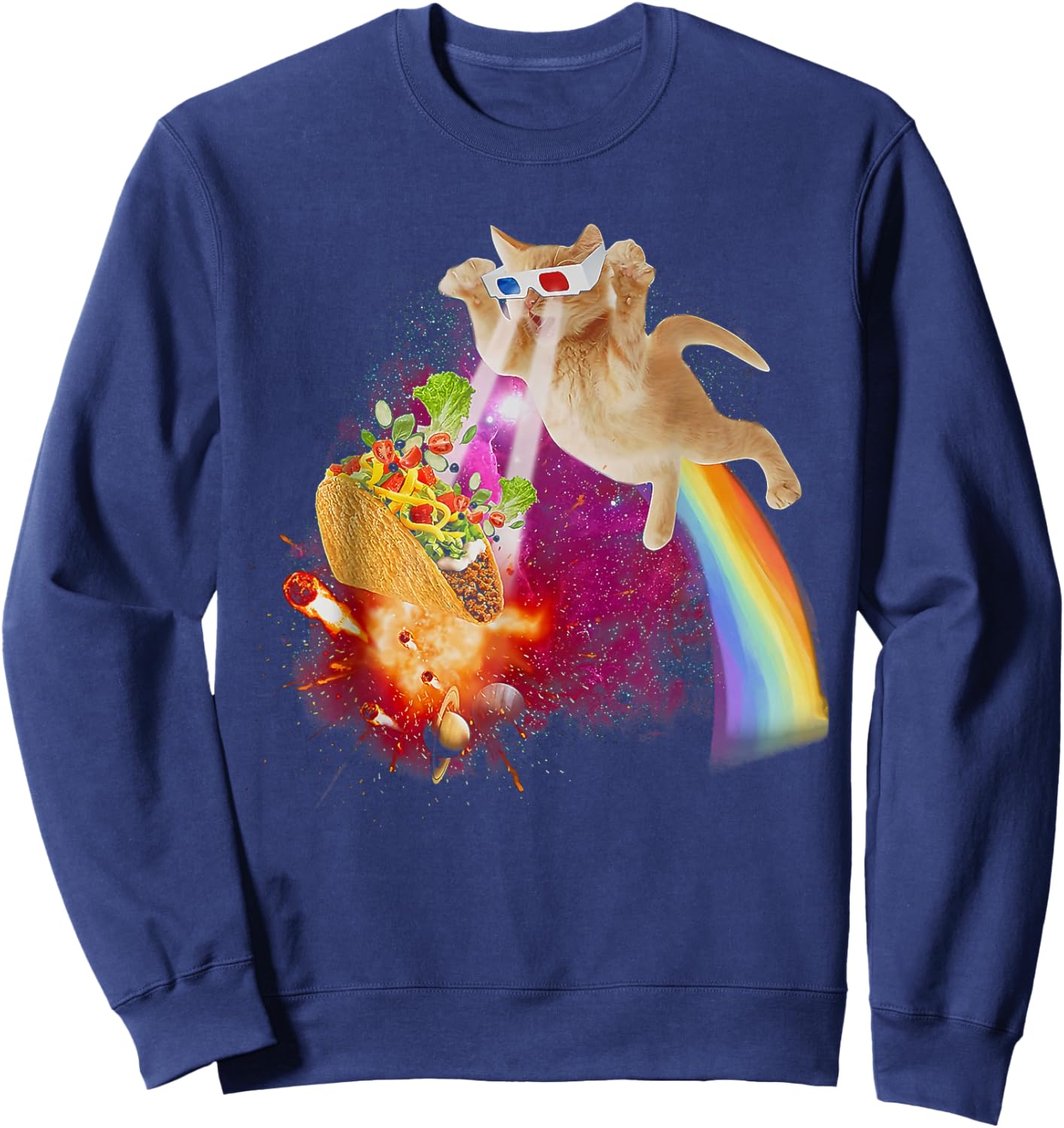 Funny Space Cat Laser Taco Galaxy Kitten Rainbow Cat Sweatshirt - Sweatshirt | Navy