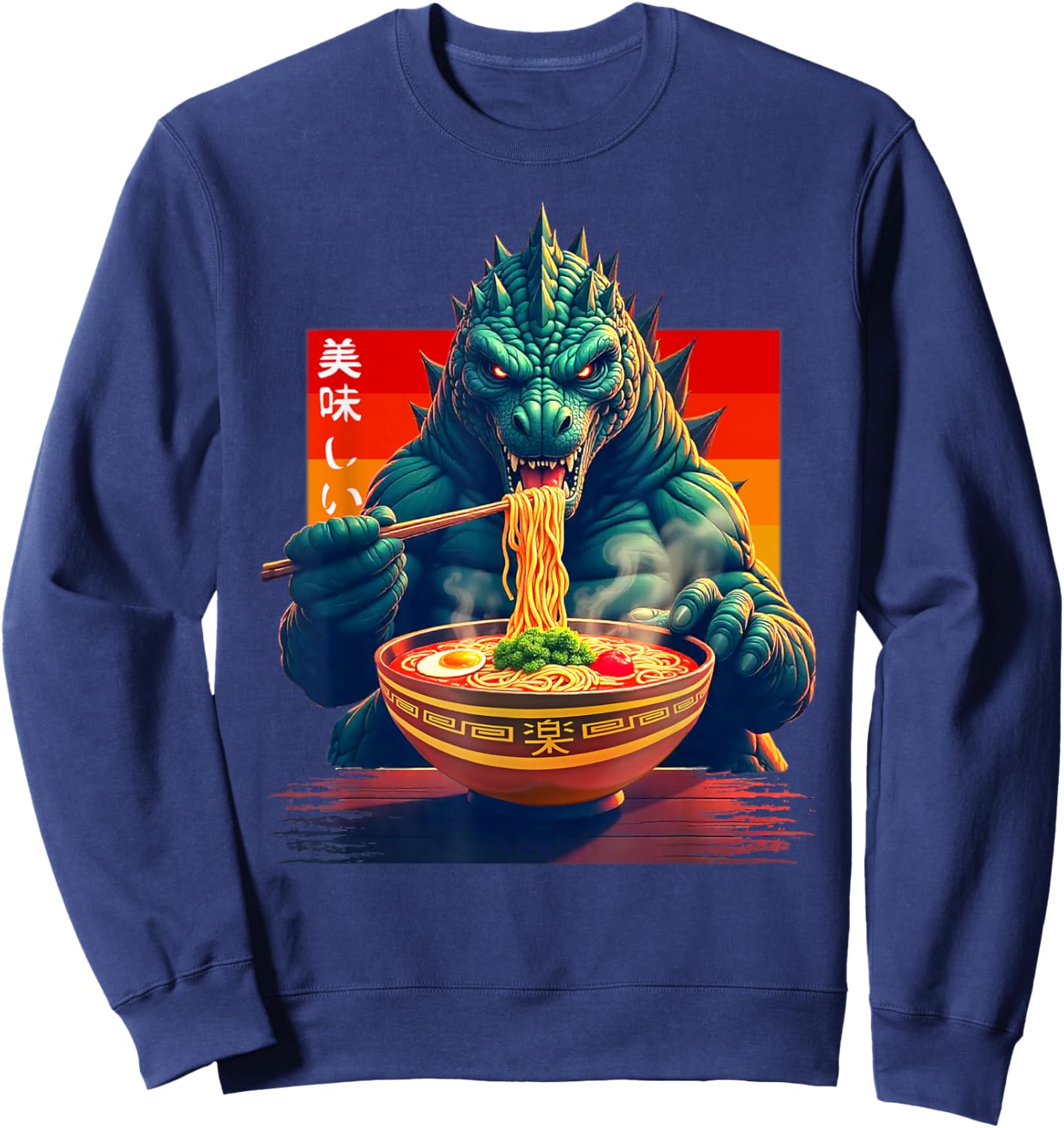 Funny Kaiju Eating Ramen Japanese Monster Lover Birthday Sweatshirt - Sweatshirt | Navy