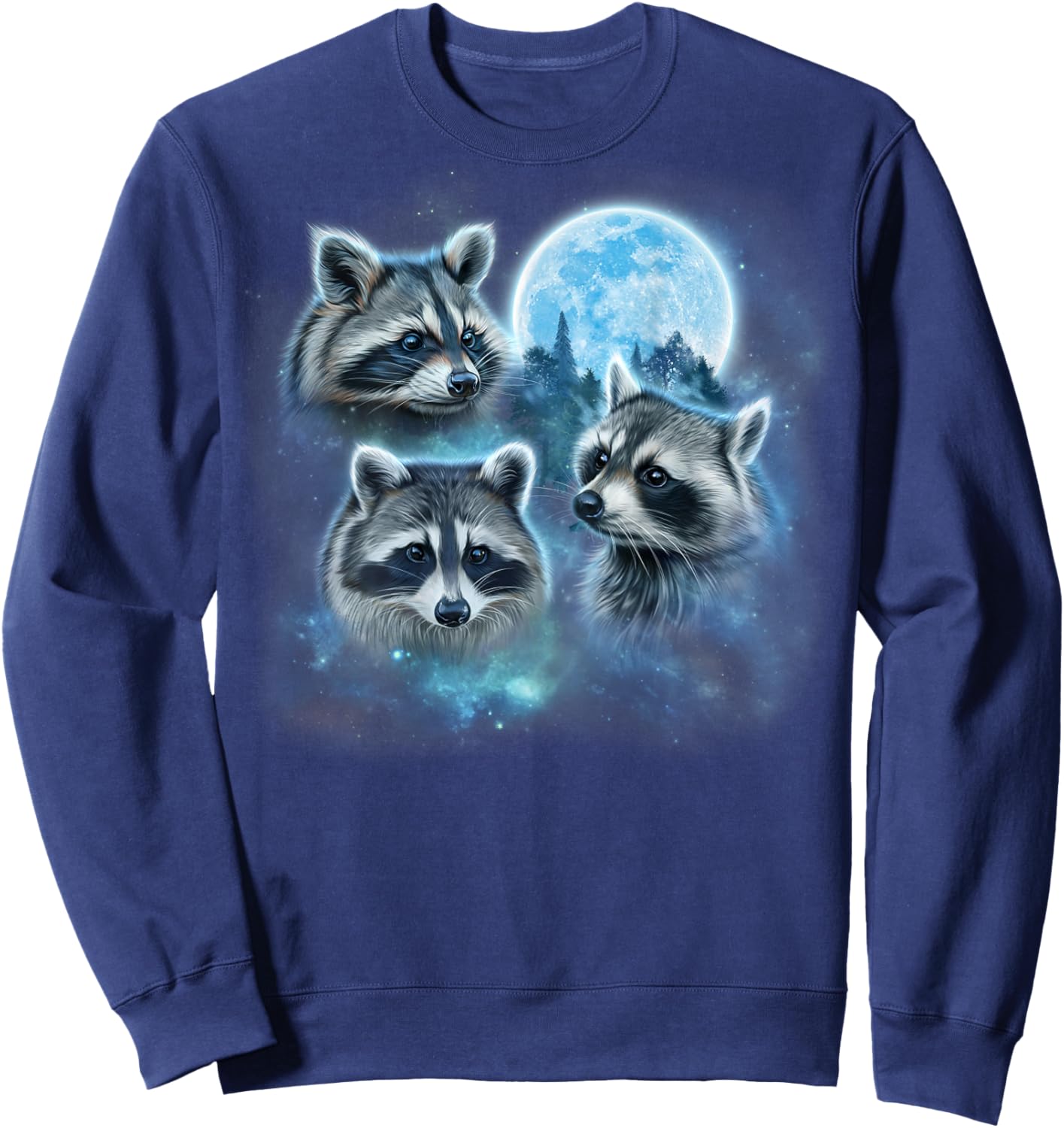 Three Raccoons Engulfed in Galaxy Clouds Under Icy Moon Sweatshirt - Sweatshirt | Navy