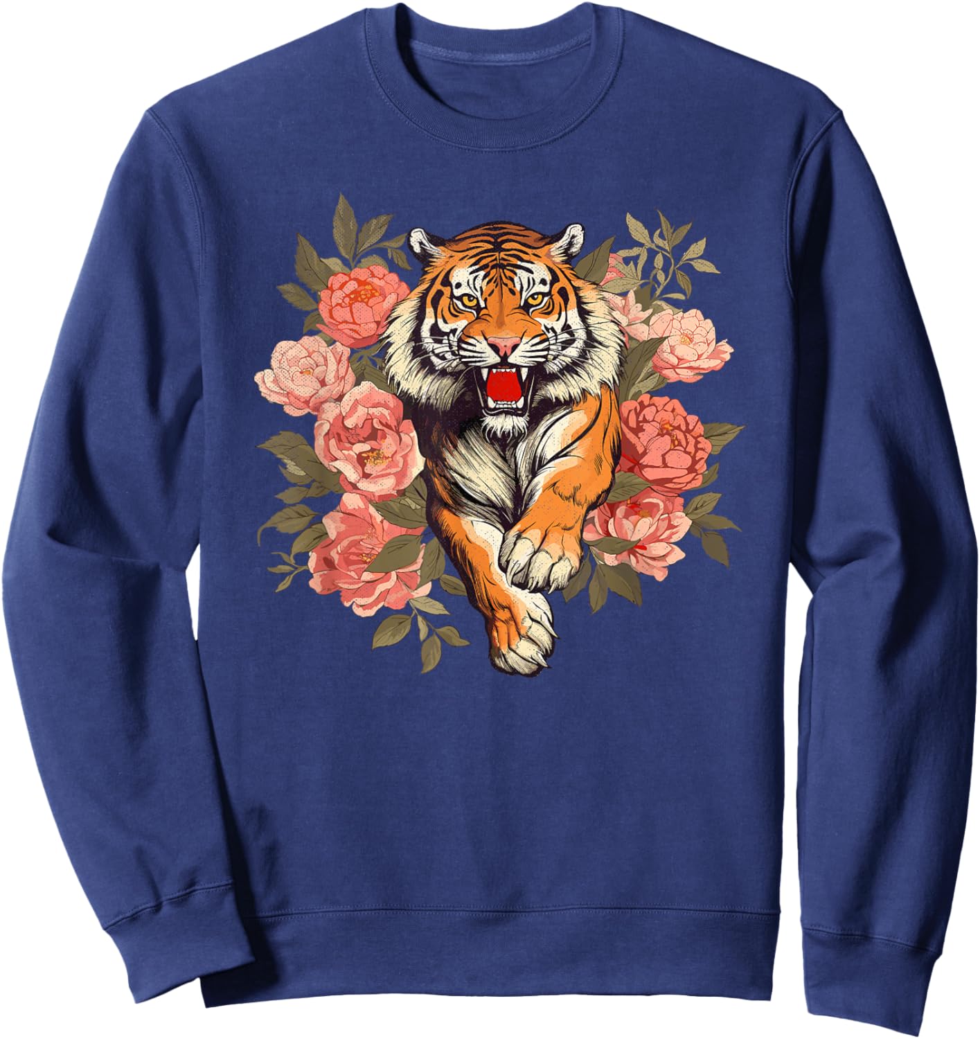 Floral Tiger Animal Graphic Men Women Nature Floral Sweatshirt - Sweatshirt | Navy