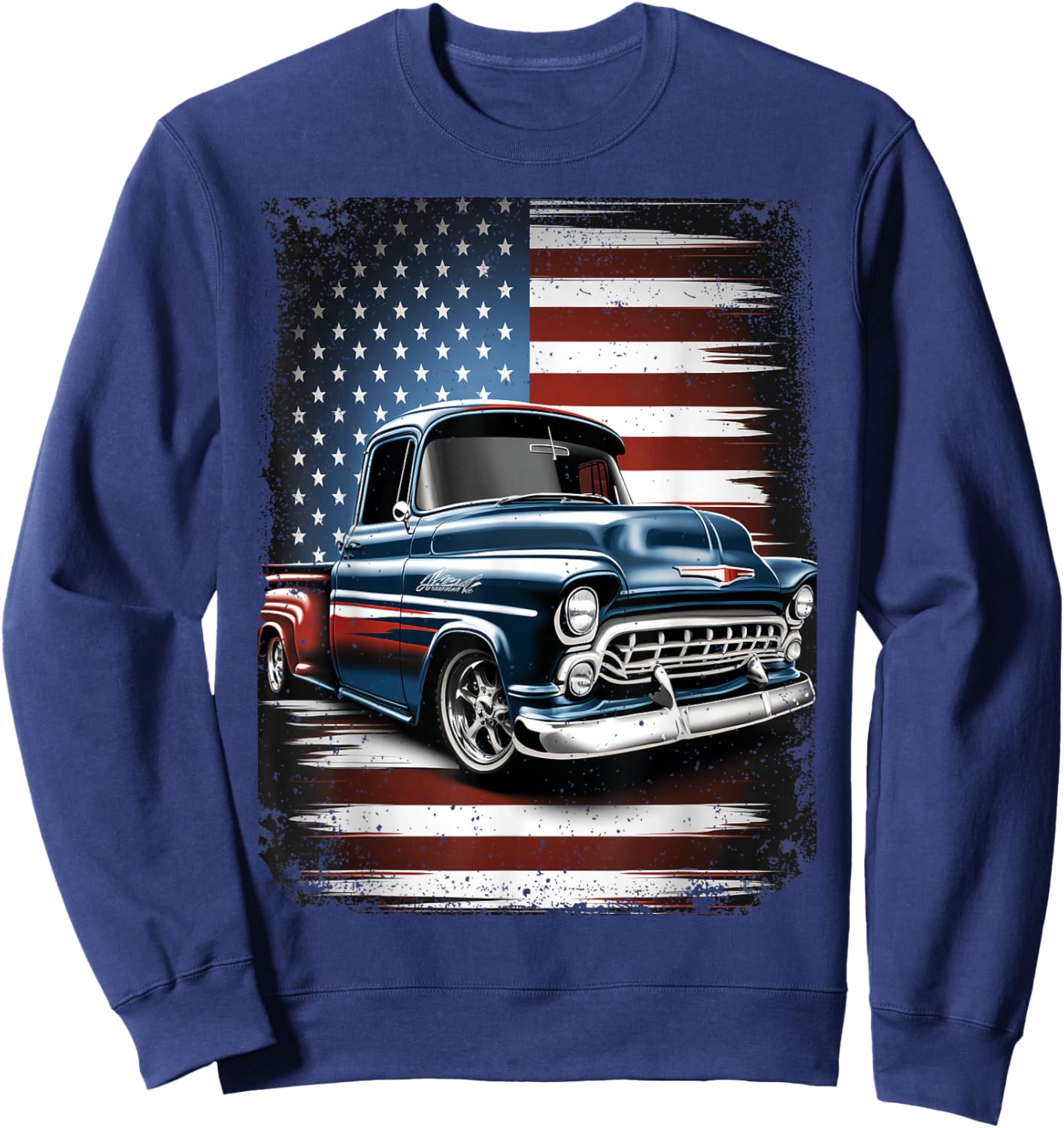 Classic Old Pickup Truck American Flag 4th of July Patriotic Sweatshirt - Sweatshirt | Navy