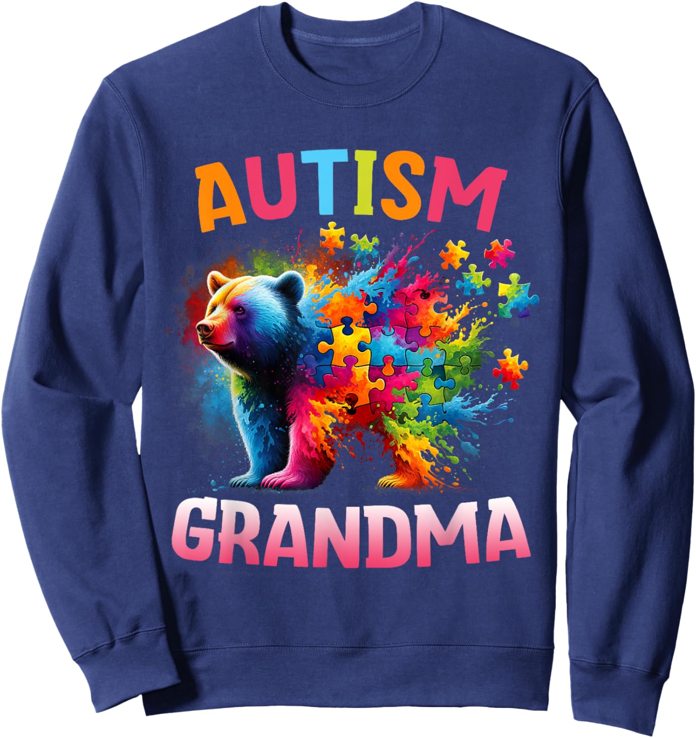 Autism Grandma Colorful Rainbow Grandma Bear Autism Sweatshirt - Sweatshirt | Navy