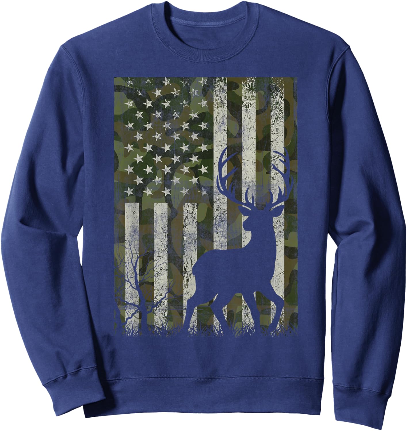 US Flag Deer Elk Buck Camoflage Hunting Hunter Dad Grandpa Sweatshirt - Sweatshirt | Navy