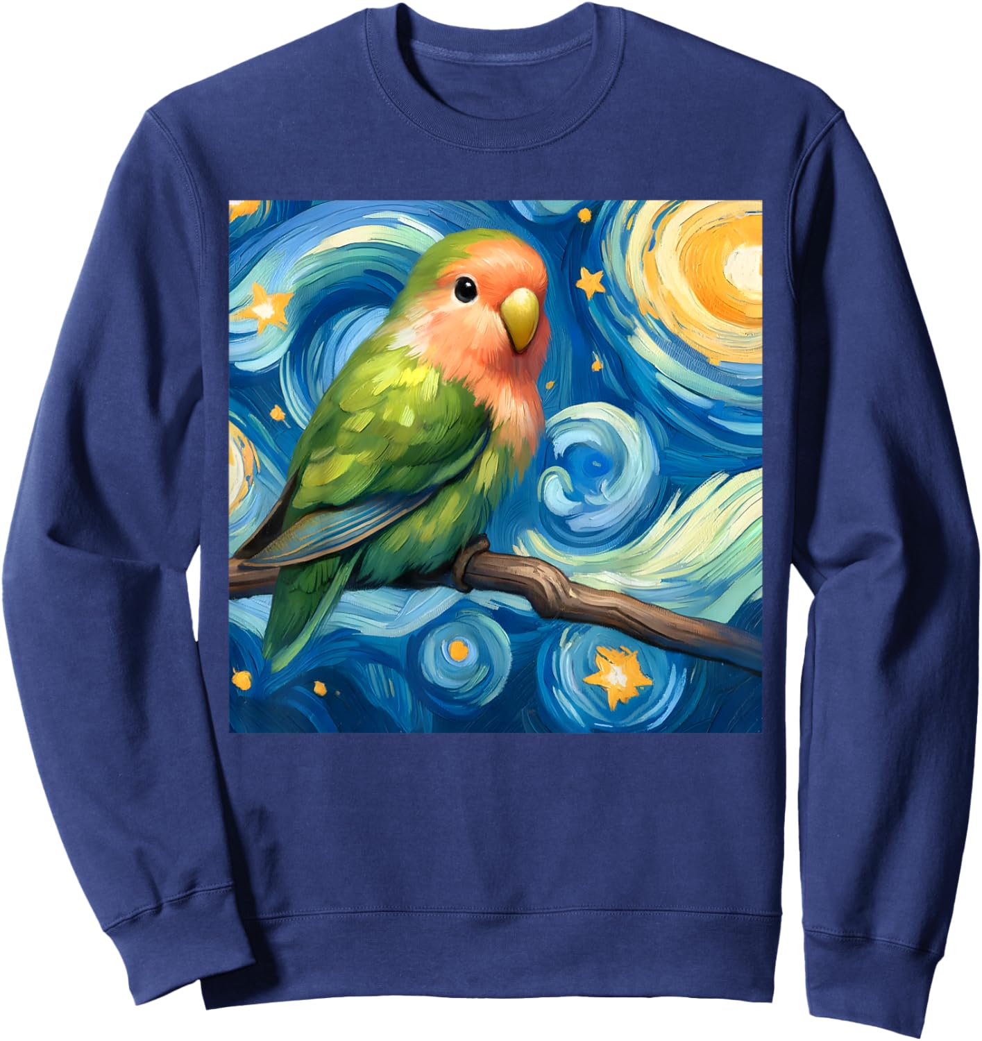 Rosy-faced Green Lovebird Parrot Starry Night Sky Van Gogh Sweatshirt - Sweatshirt | Navy