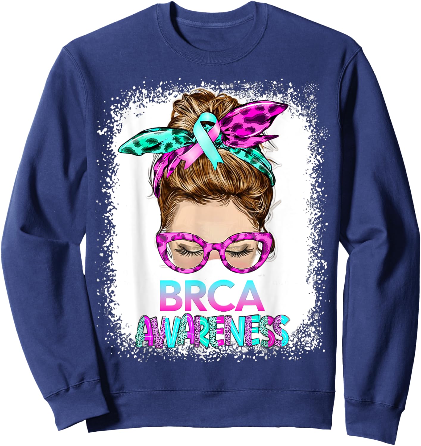BRCA Messy Bun, pink-teal Mastectomy Breast Cancer Awareness Sweatshirt - Sweatshirt | Navy