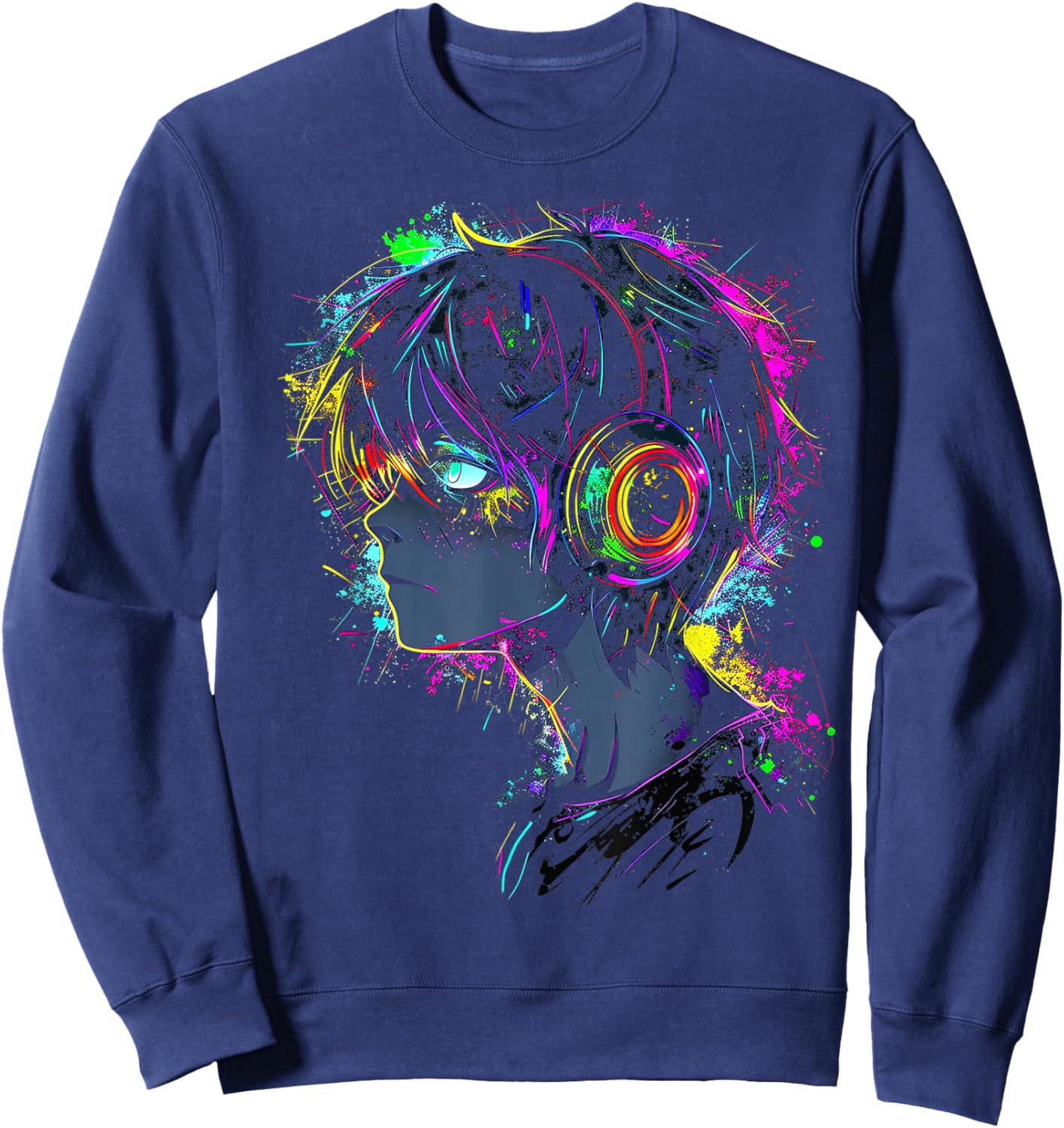 Anime Manga Graphic Headphone Illustration Anime Sweatshirt - Sweatshirt | Navy