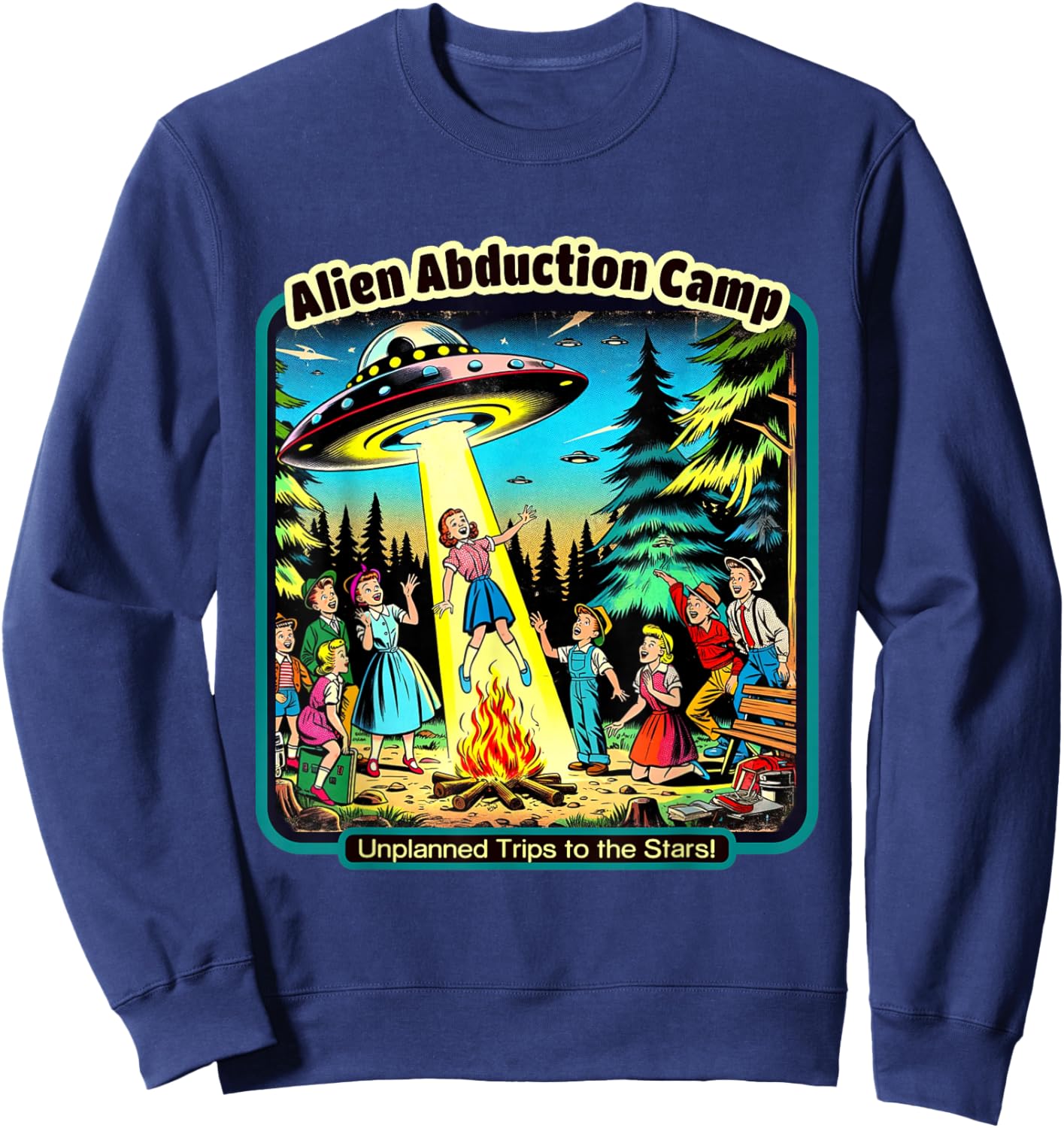 Funny Vintage Alien Abduction Camp UFO Alien Sweatshirt - Sweatshirt | Navy