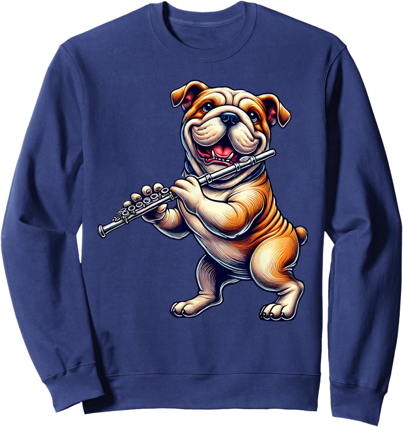 Cute English Bulldog Dog Playing Flute Musician Music Sweatshirt - Sweatshirt | Navy