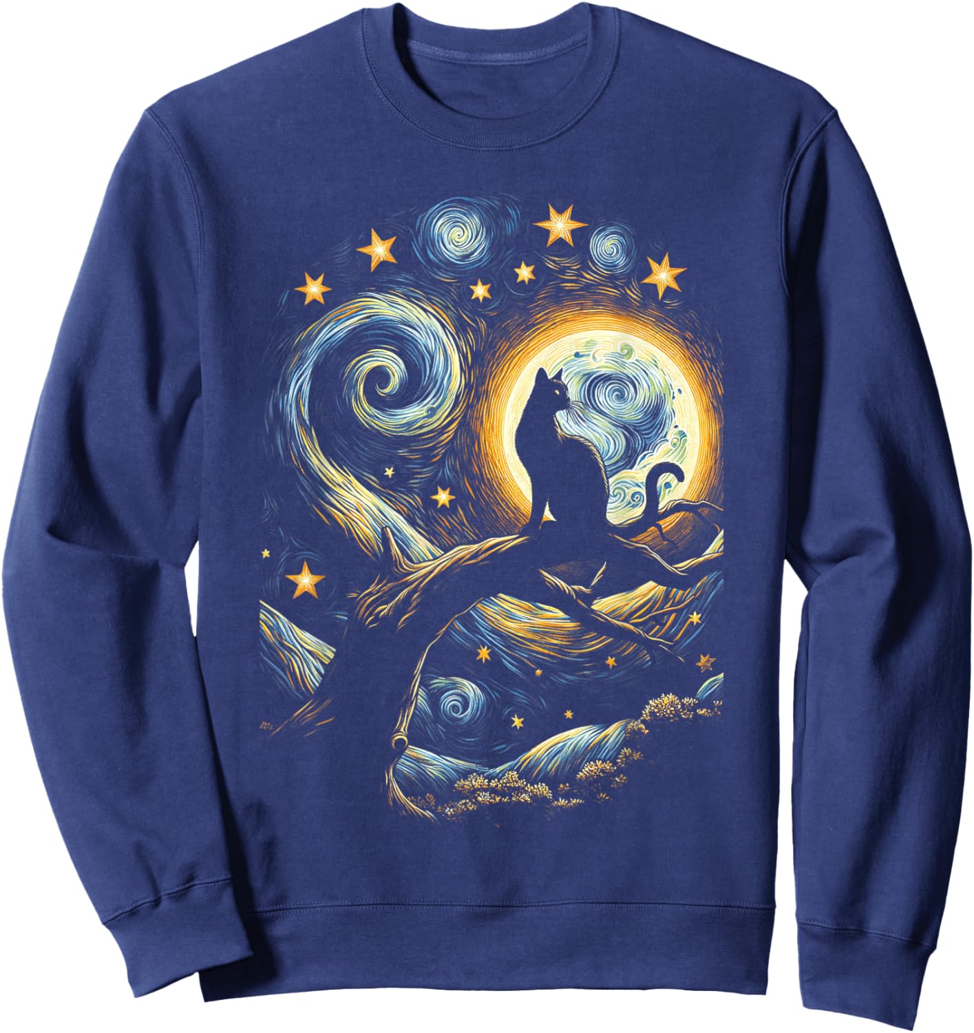 Cat Starry Night, Cat Van Gogh, Cat Art, Kids Funny Cat Sweatshirt - Sweatshirt | Navy