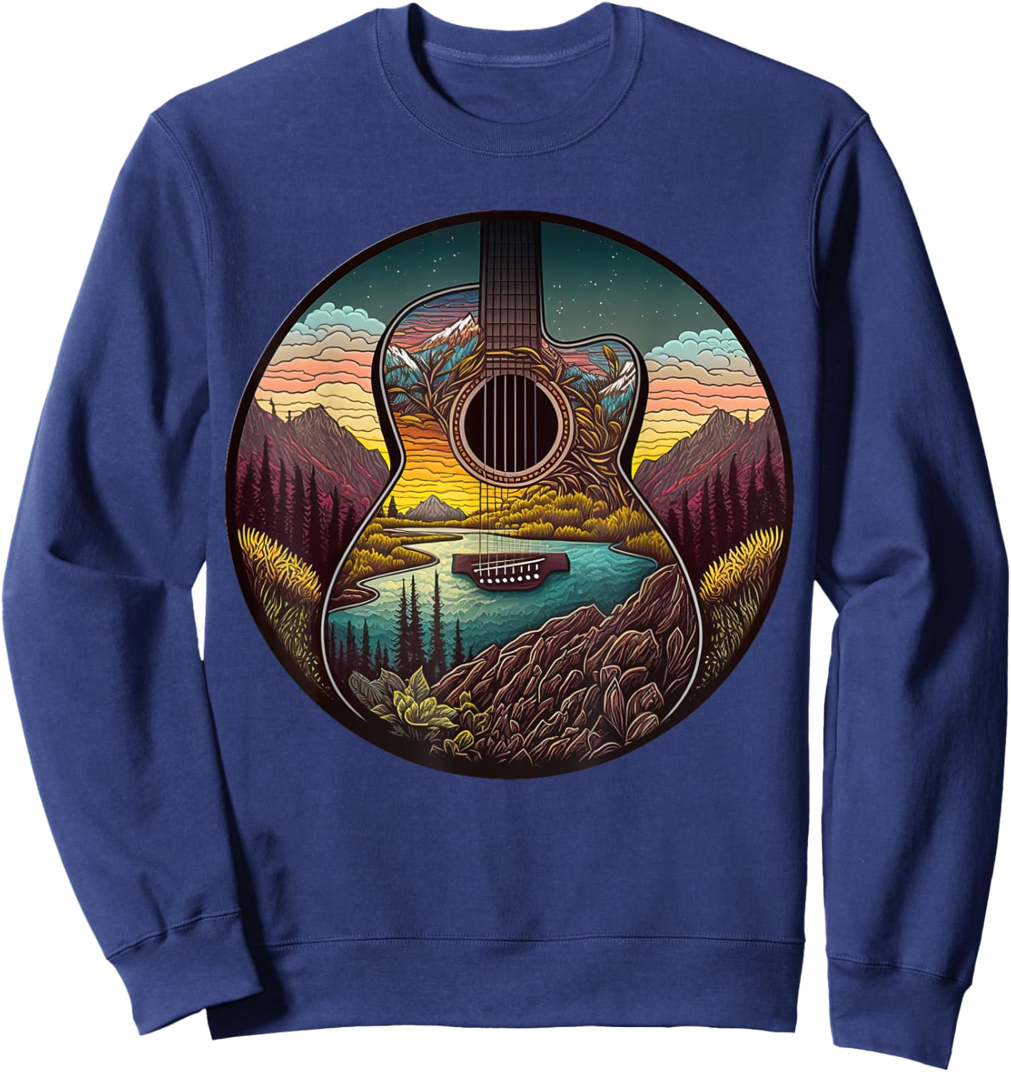 Guitar Landscape Music Lover- Acoustic Guitar Player Graphic Sweatshirt - Sweatshirt | Navy