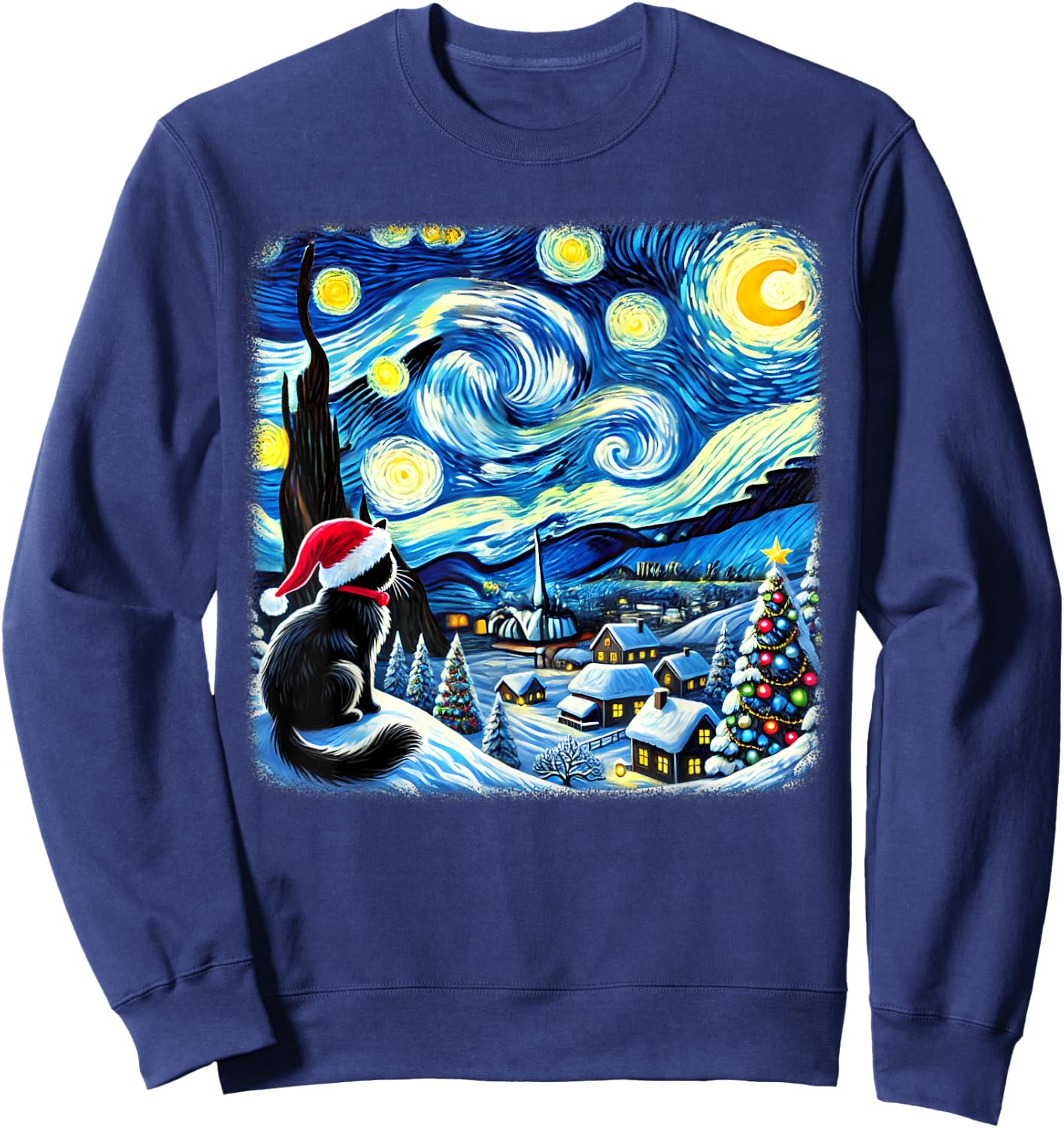 Christmas Van Gogh Starry Night Black Cat Santa Hat Xmas Women Kids Sweatshirt - Sweatshirt | Navy