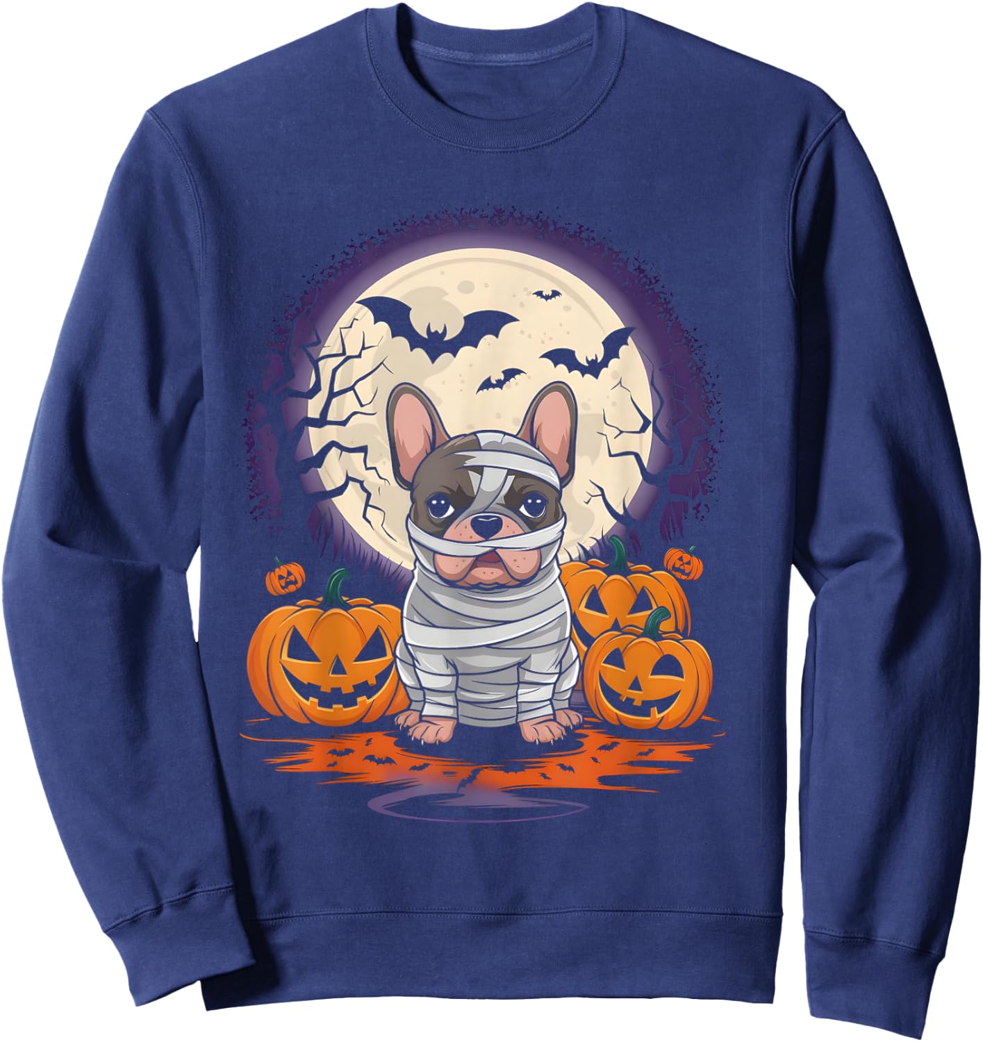 Spooky French Bulldog Mummy Full Moon - Halloween Dog Sweatshirt - Sweatshirt | Navy