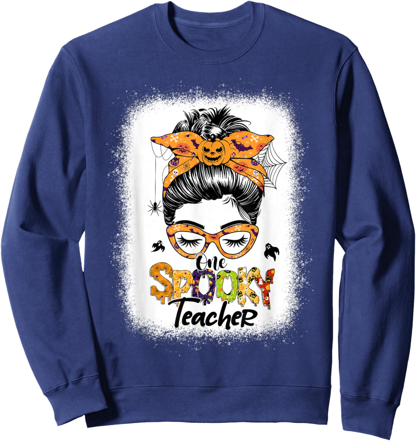 One Spooky Teacher For Halloween Messy Bun Mom Bleached Sweatshirt - Sweatshirt | Navy